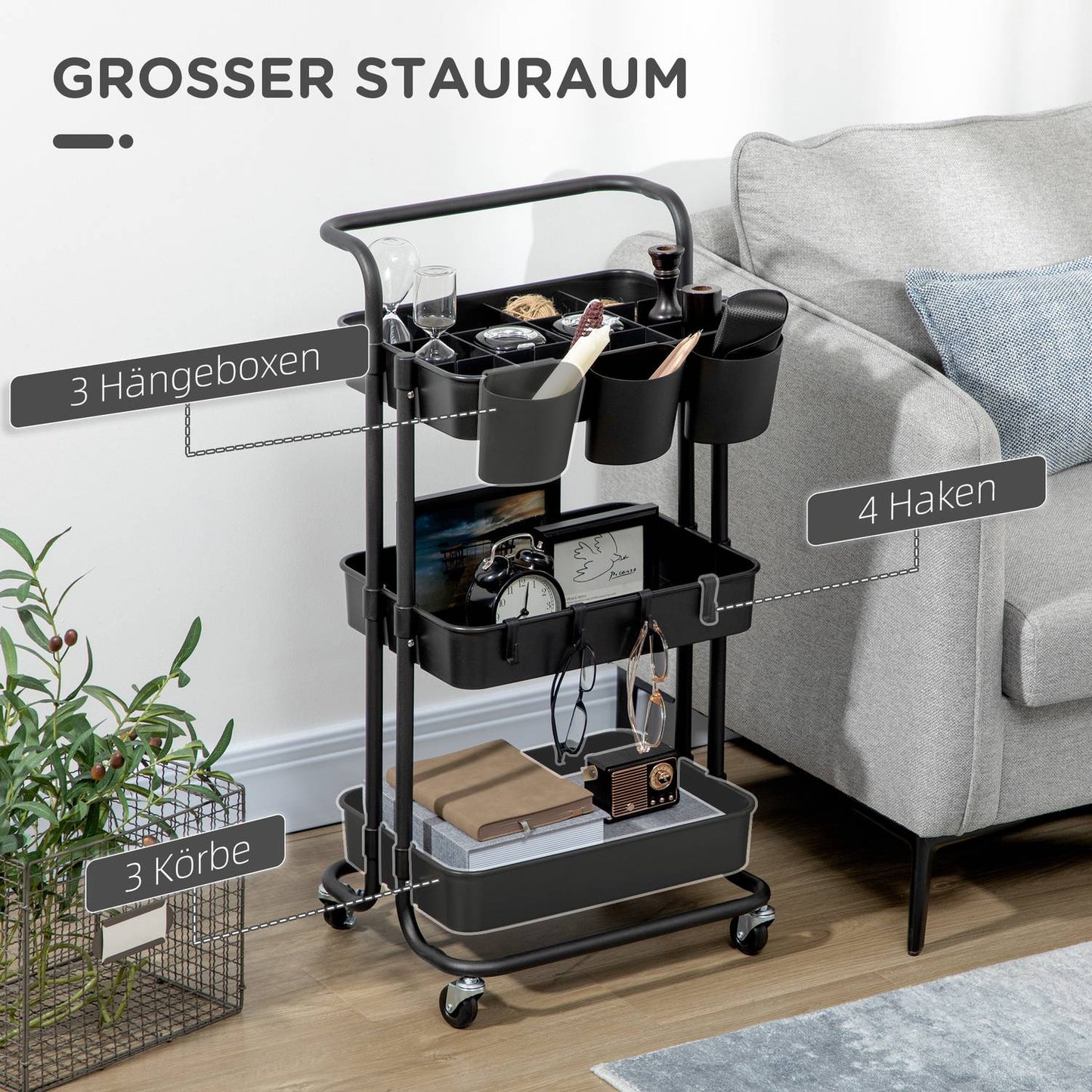 3-level serving trolley in steel with baskets and hooks