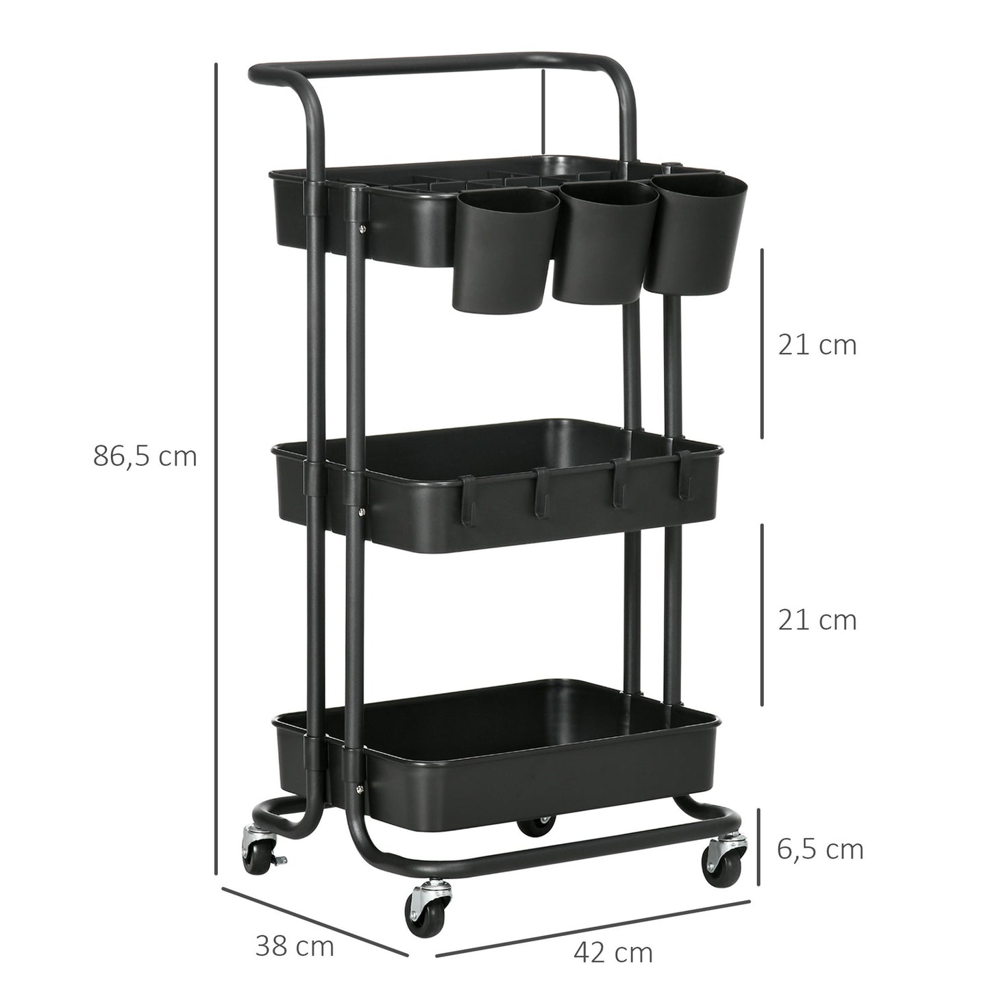 3-level serving trolley in steel with baskets and hooks