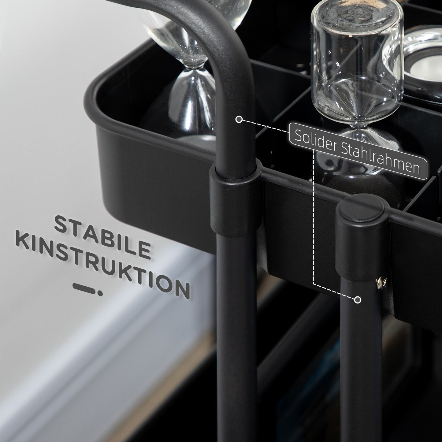 3-level serving trolley in steel with baskets and hooks