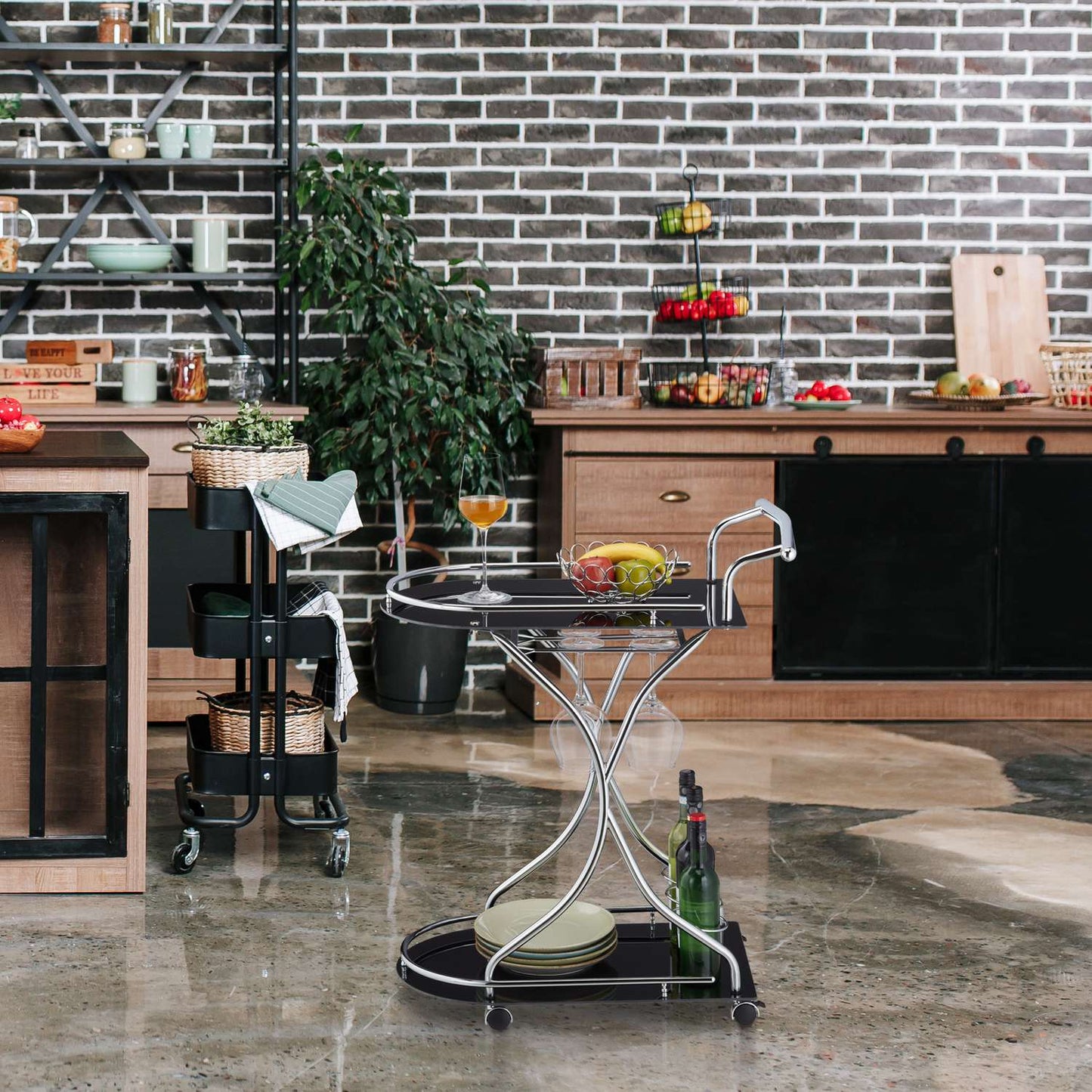 Serving trolley chrome and black glass