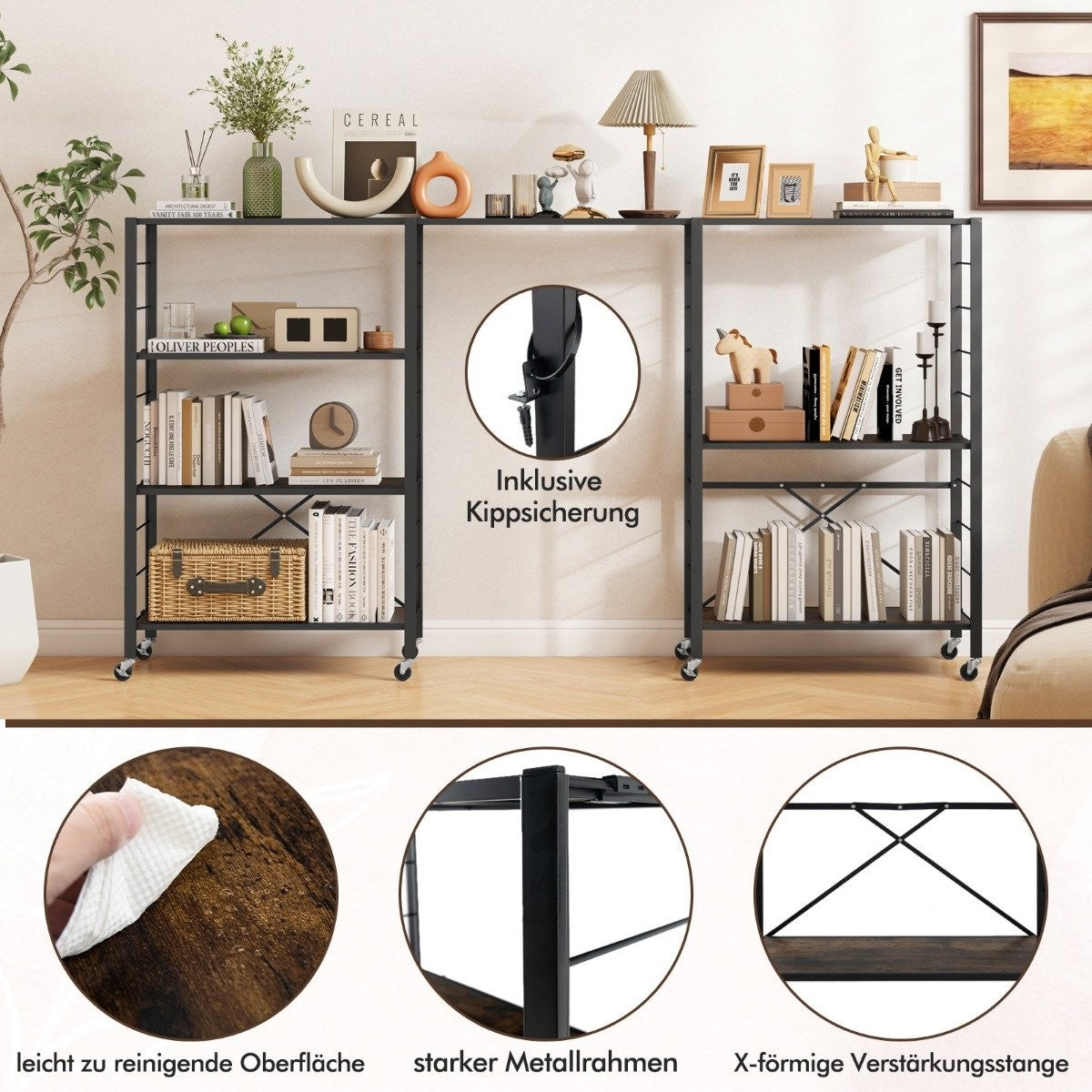 Serving trolley foldable 4 levels kitchen trolley with removable wheels 76 x 36 x 122 cm black + rustic brown
