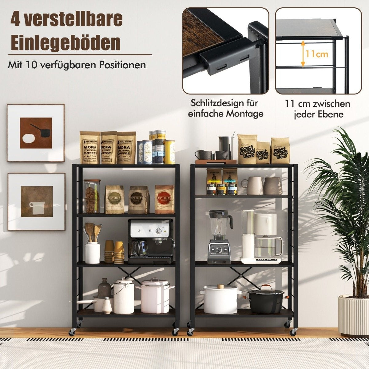 Serving trolley foldable 4 levels kitchen trolley with removable wheels 76 x 36 x 122 cm black + rustic brown