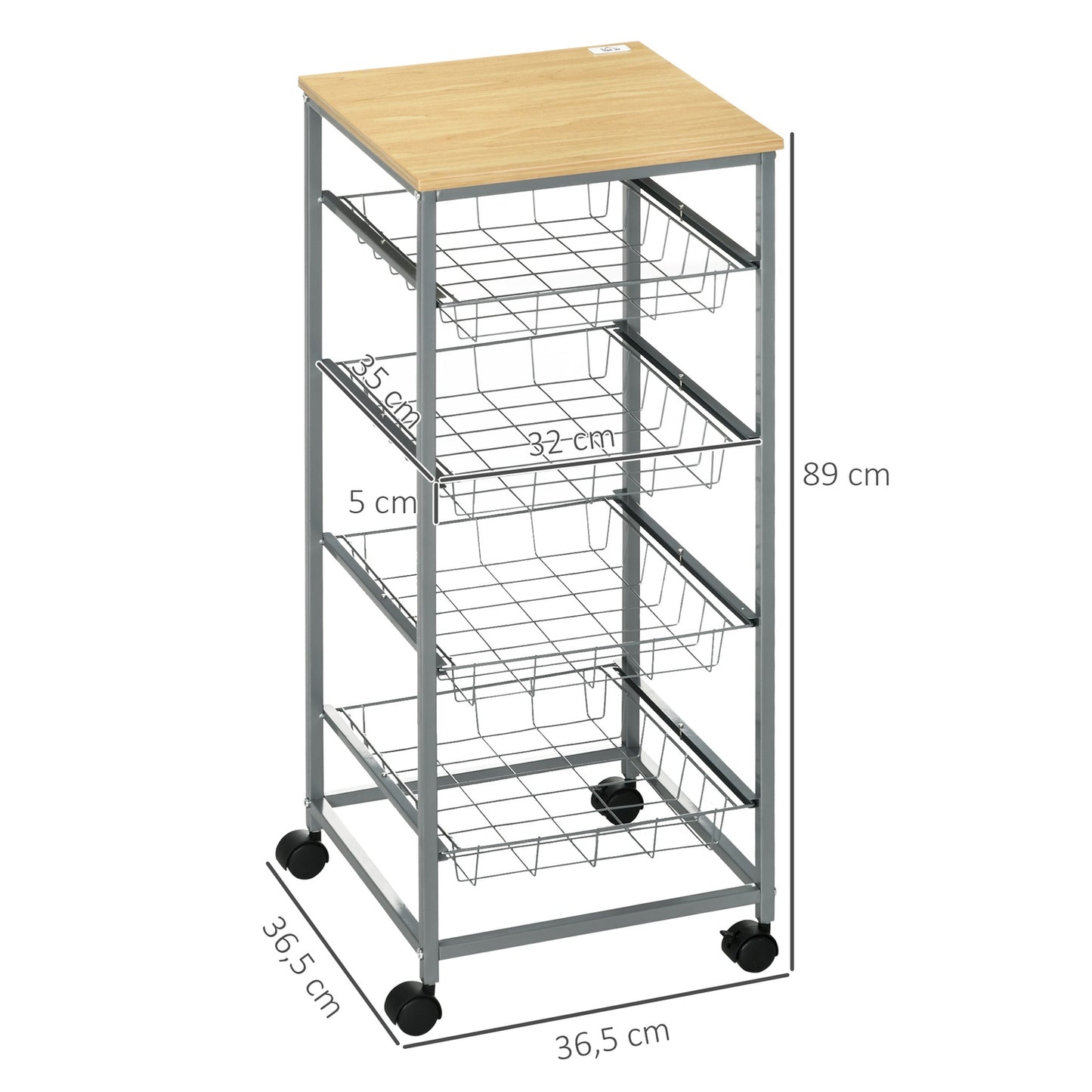 Kitchen trolley with metal baskets, silver, 36.5 x 89 cm