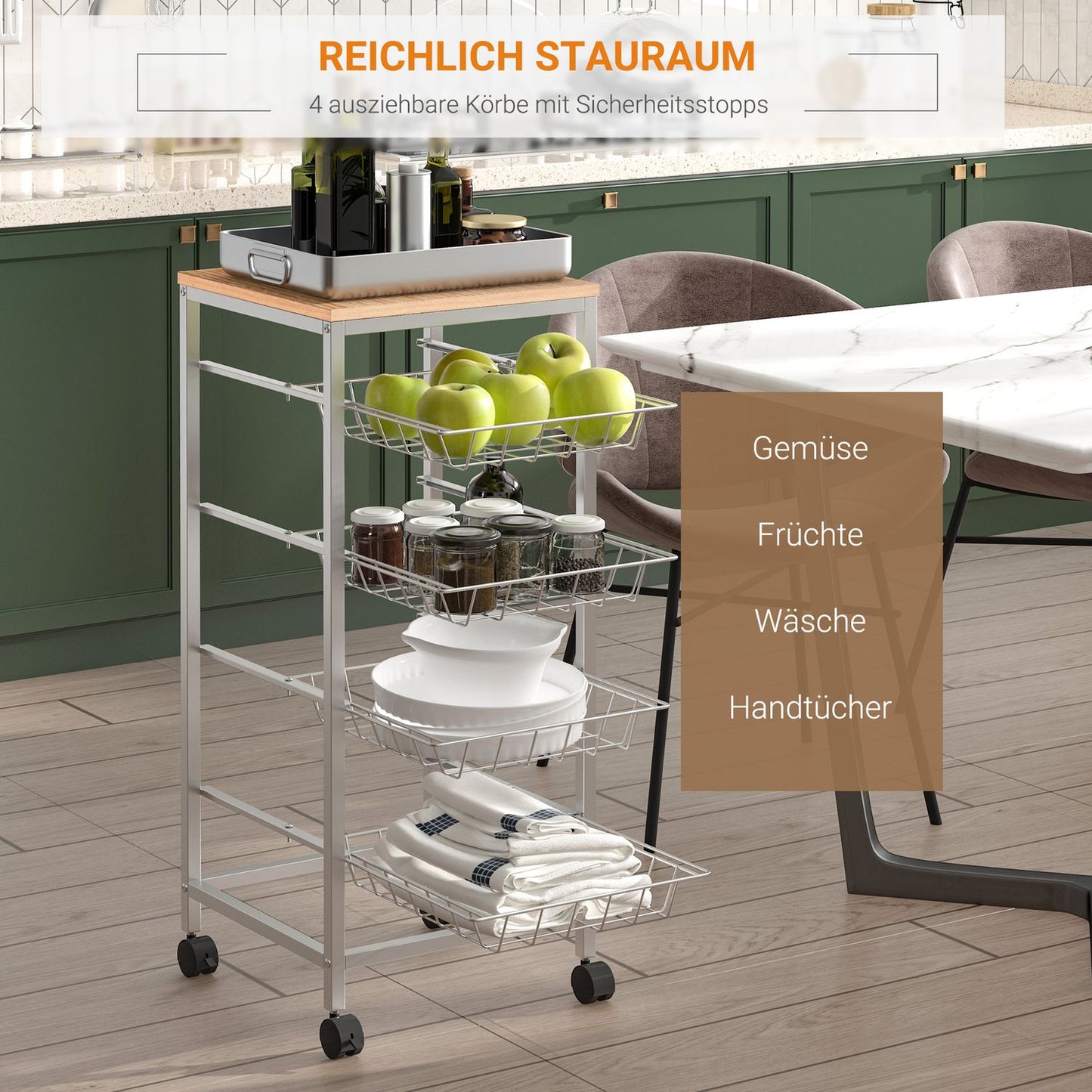 Kitchen trolley with metal baskets, silver, 36.5 x 89 cm