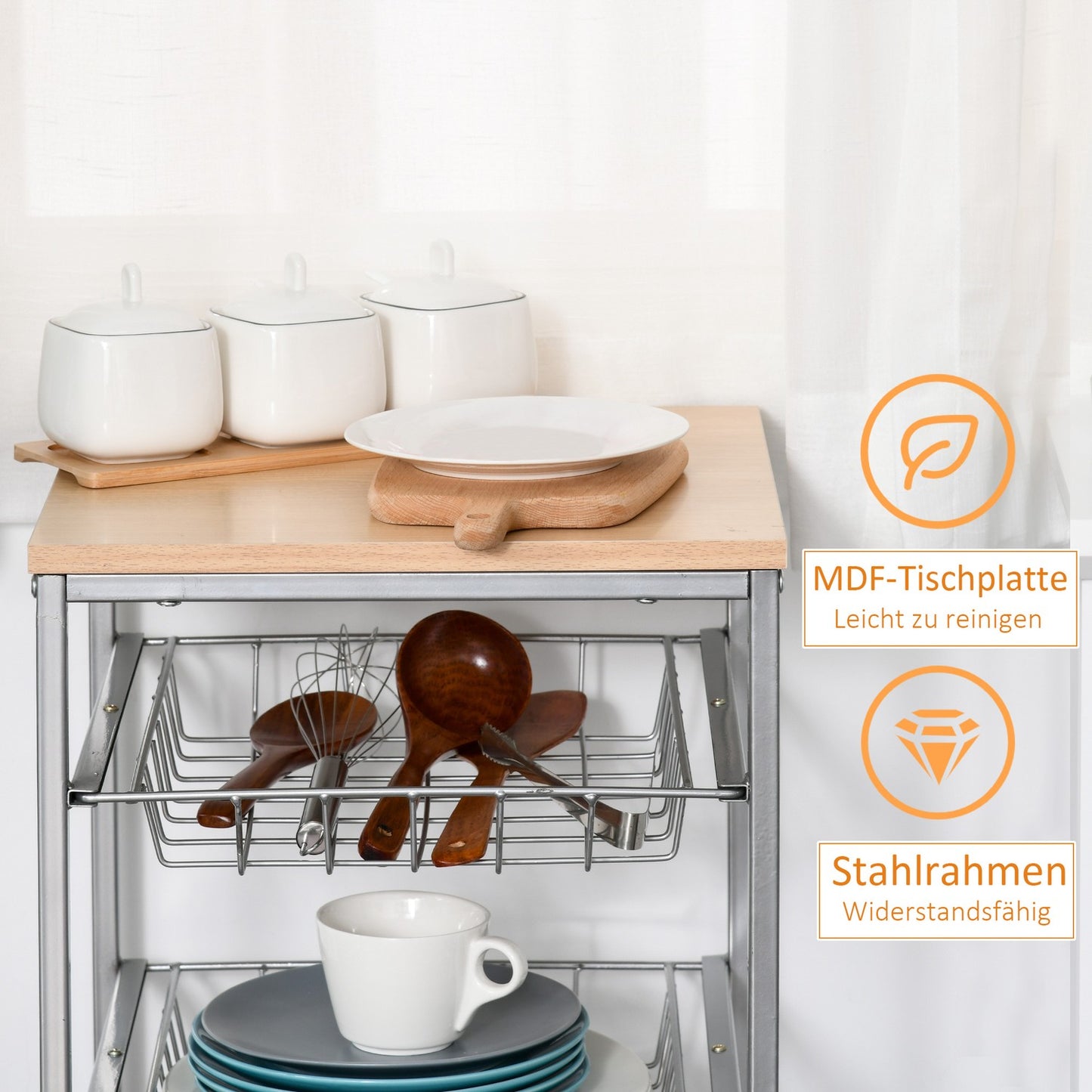 Kitchen trolley with metal baskets, silver, 36.5 x 89 cm