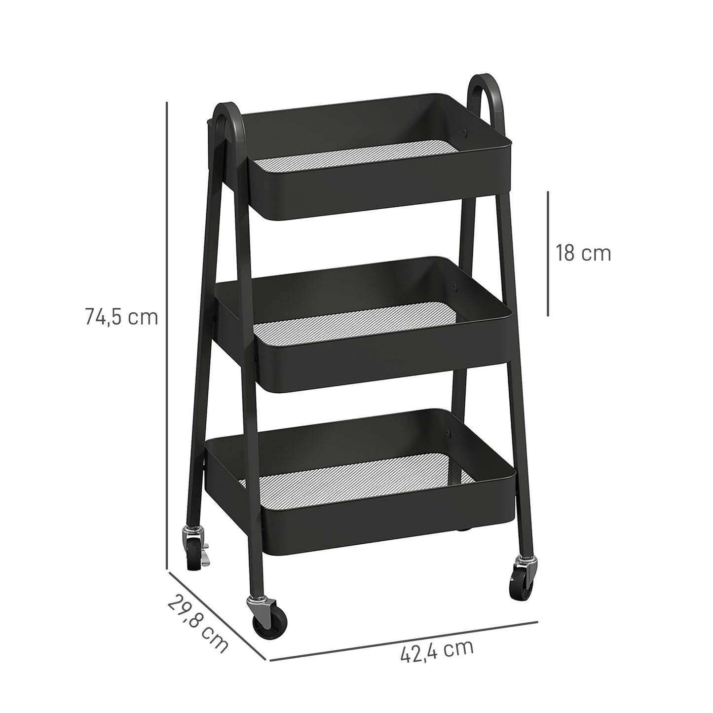 Black 3-story kitchen trolley with wheels and brake