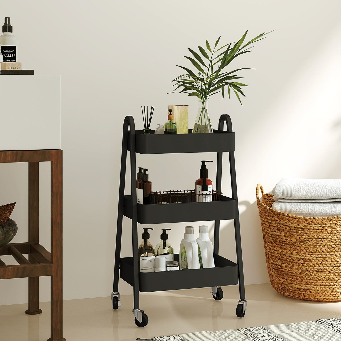 Black 3-story kitchen trolley with wheels and brake