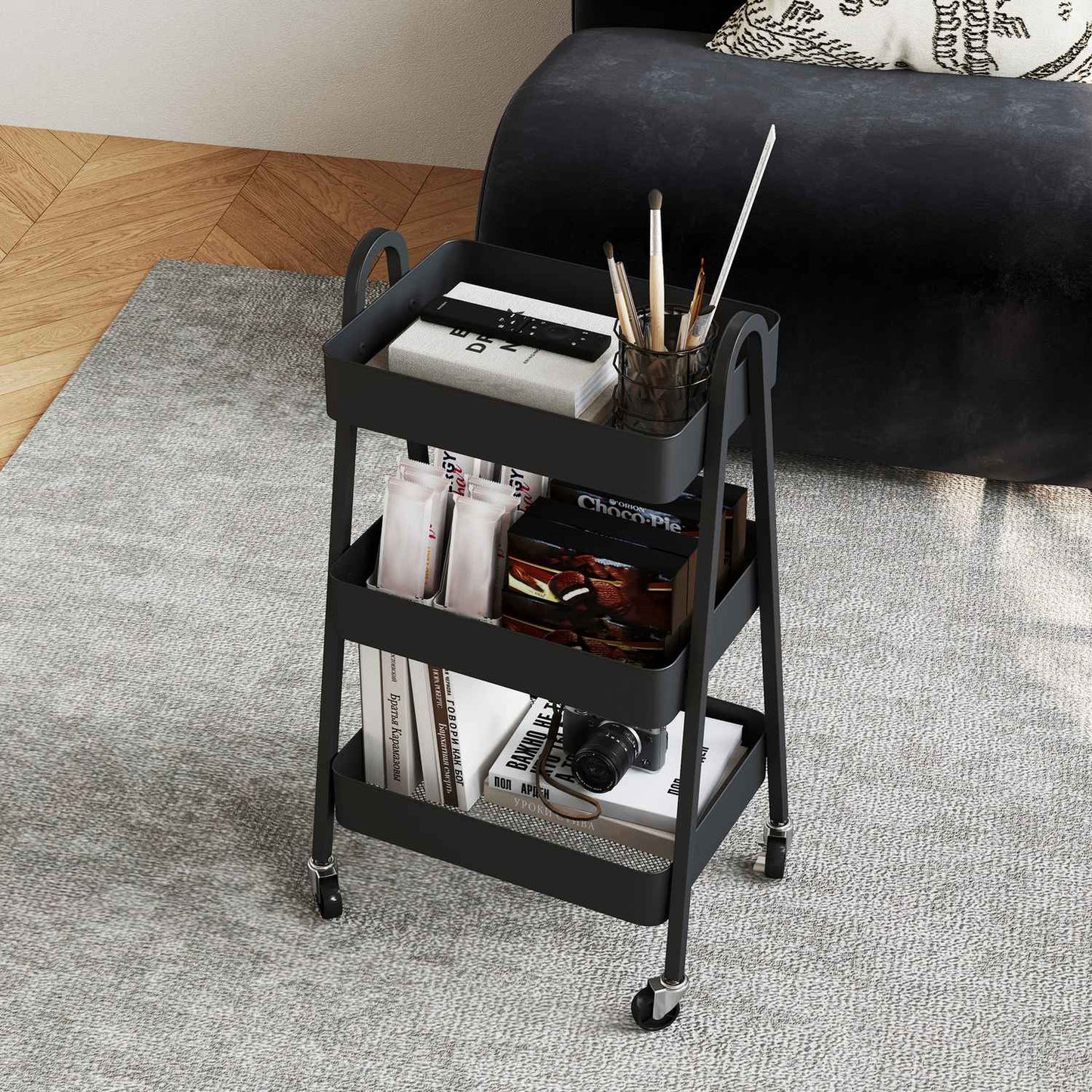 Black 3-story kitchen trolley with wheels and brake