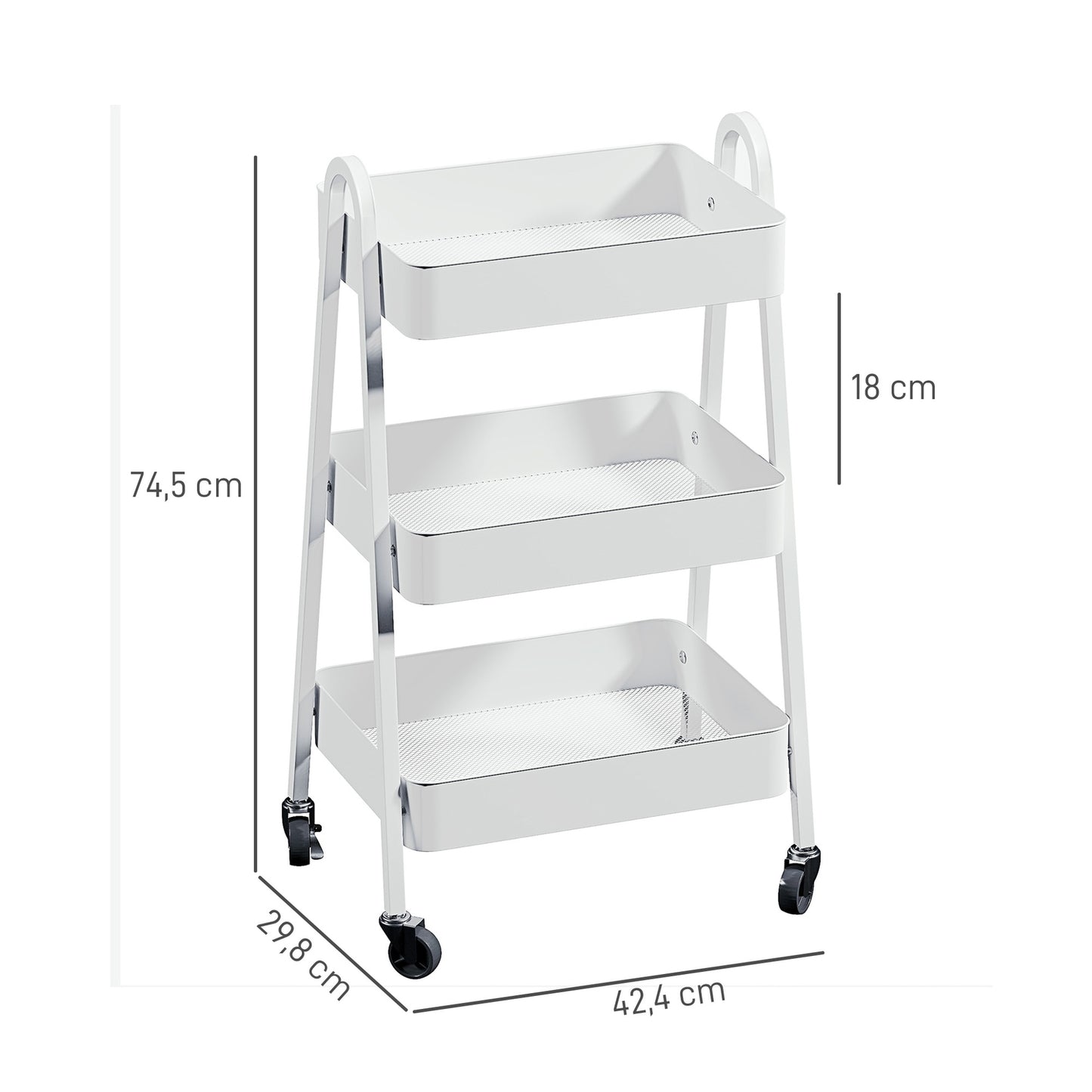 White 3-story kitchen trolley with wheels and brakes