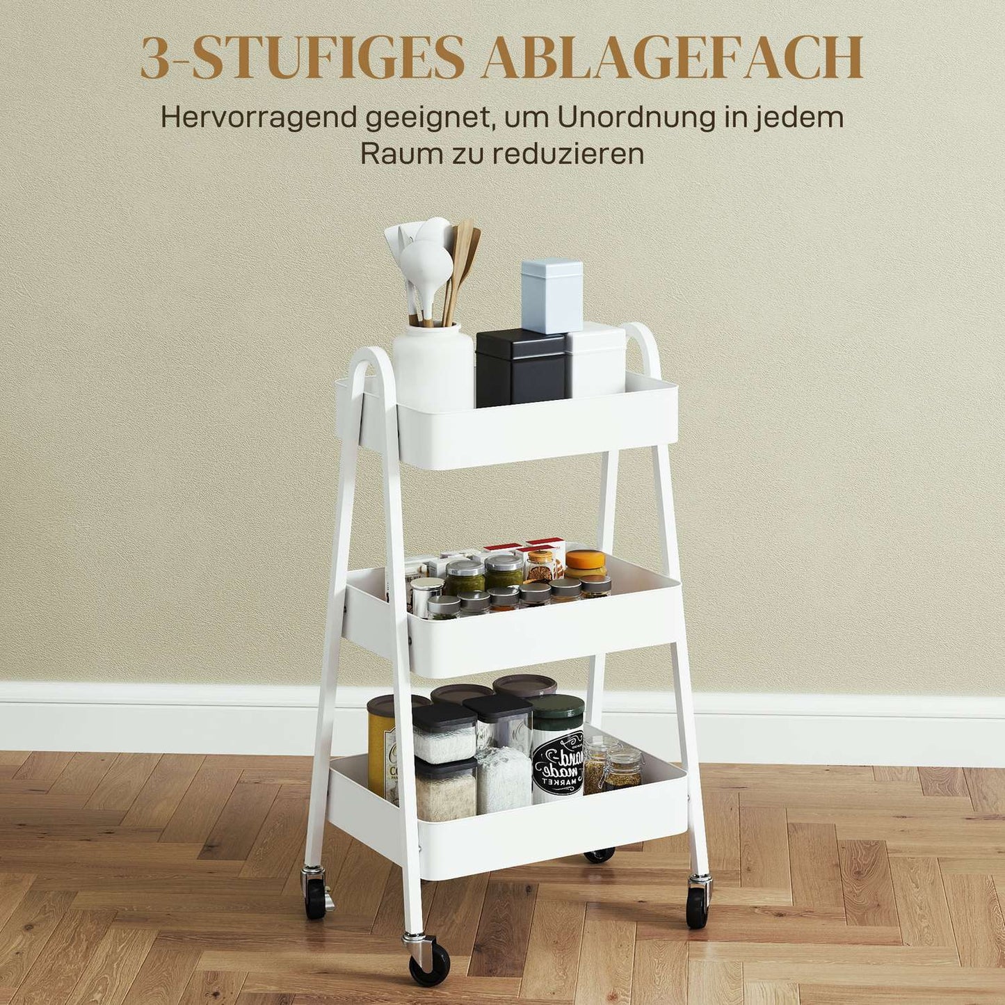 White 3-story kitchen trolley with wheels and brakes