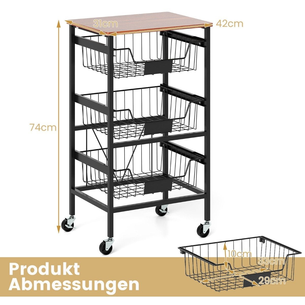Serving trolley with wheels Vegetable rack with extendable baskets Trolley with 4 levels 42 x 31 x 74 cm