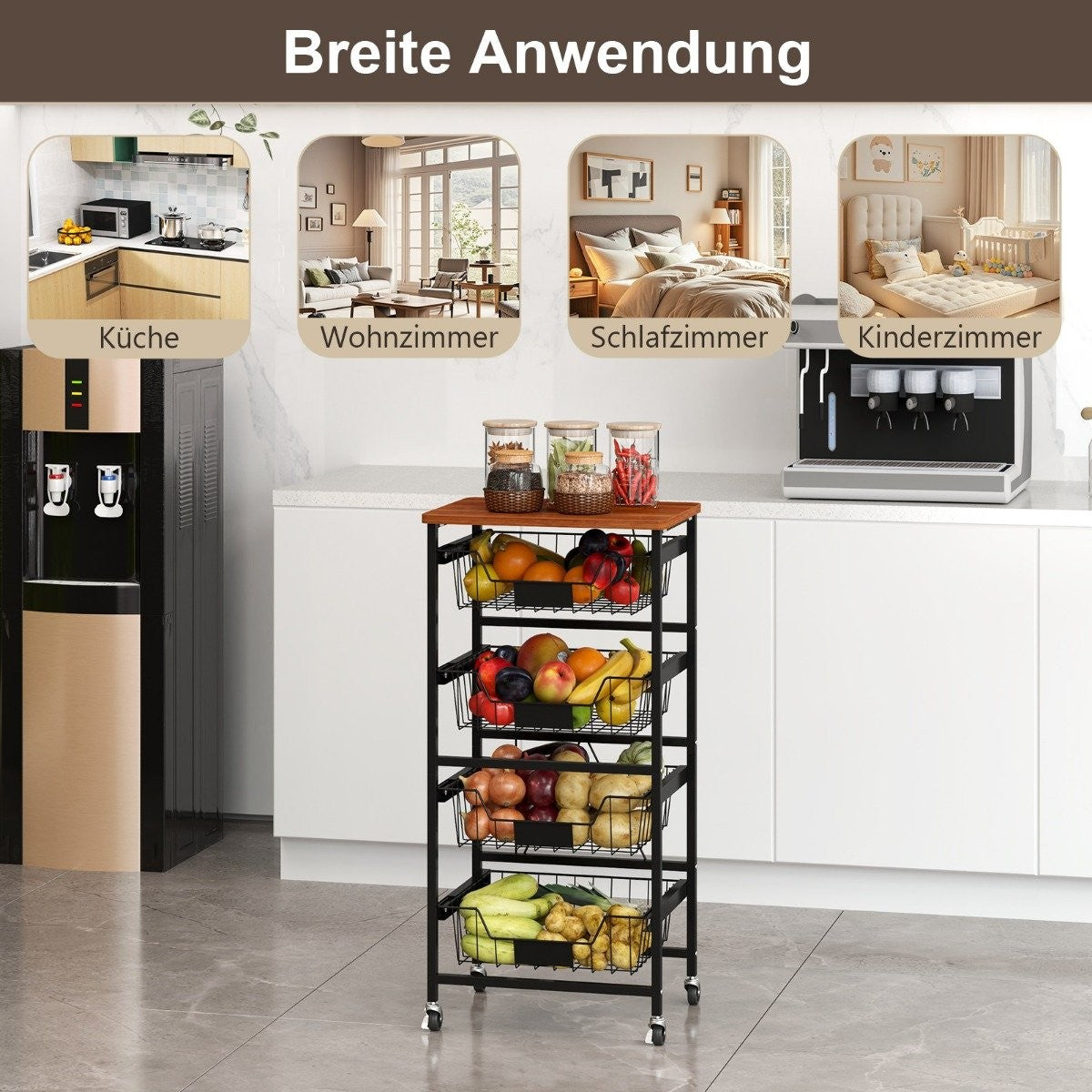 Serving trolley with wheels, vegetable rack with pull-out baskets for kitchen, dining room, 42 x 31 x 89 cm