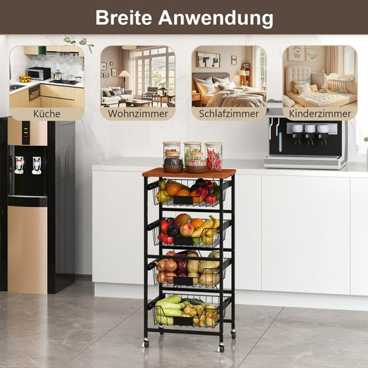 Serving trolley with wheels, vegetable rack with pull-out baskets for kitchen, dining room, 42 x 31 x 89 cm