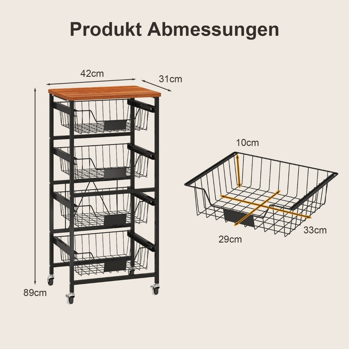 Serving trolley with wheels, vegetable rack with pull-out baskets for kitchen, dining room, 42 x 31 x 89 cm