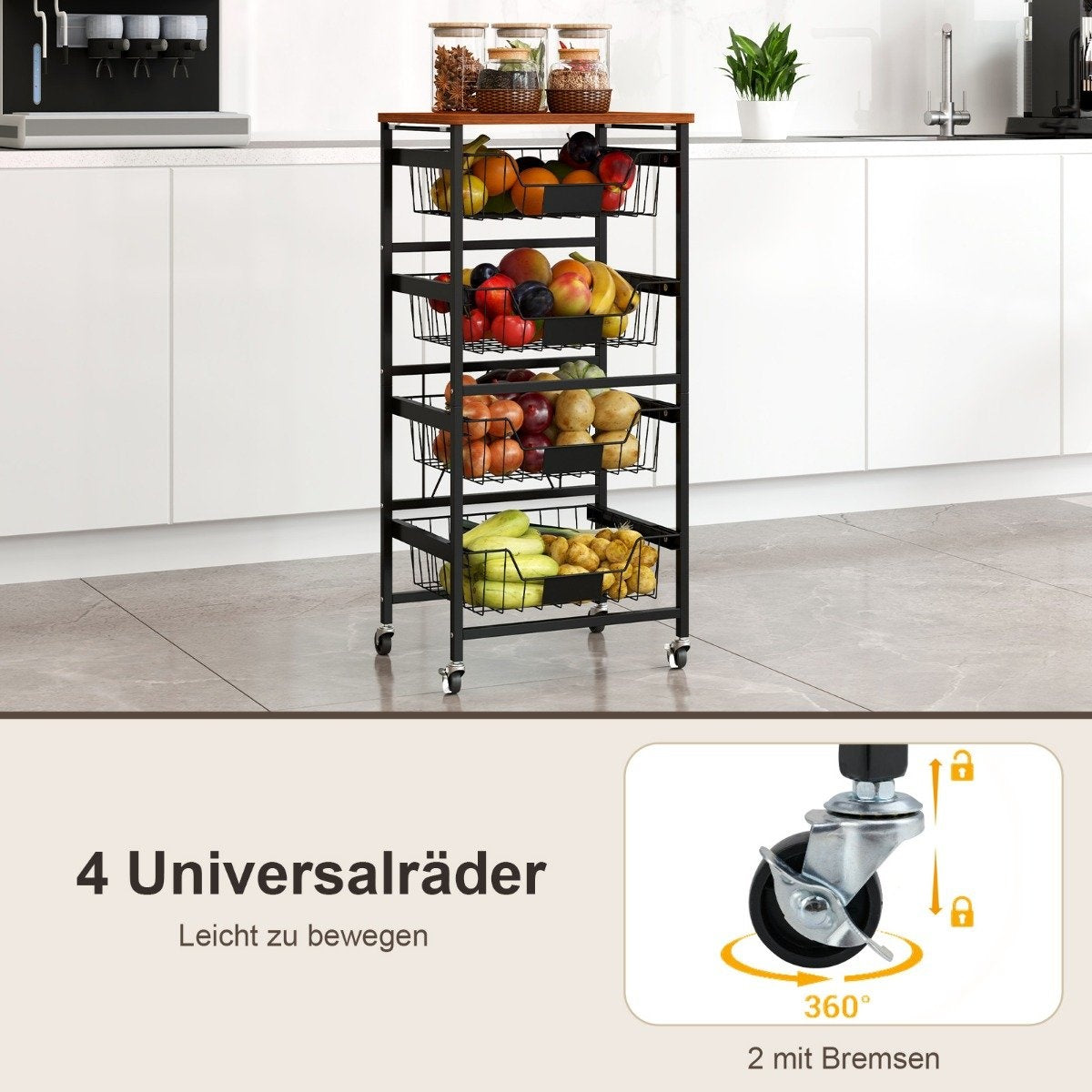 Serving trolley with wheels, vegetable rack with pull-out baskets for kitchen, dining room, 42 x 31 x 89 cm