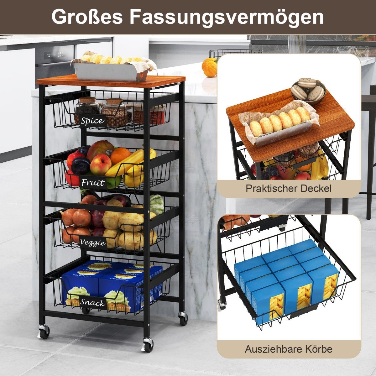 Serving trolley with wheels, vegetable rack with pull-out baskets for kitchen, dining room, 42 x 31 x 89 cm