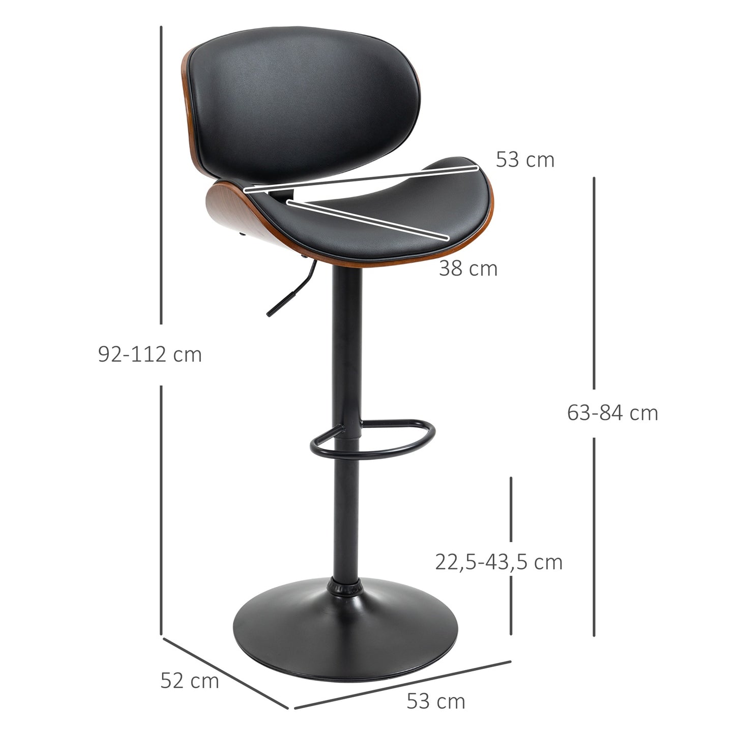 Set of 2 height-adjustable barstools in artificial leather