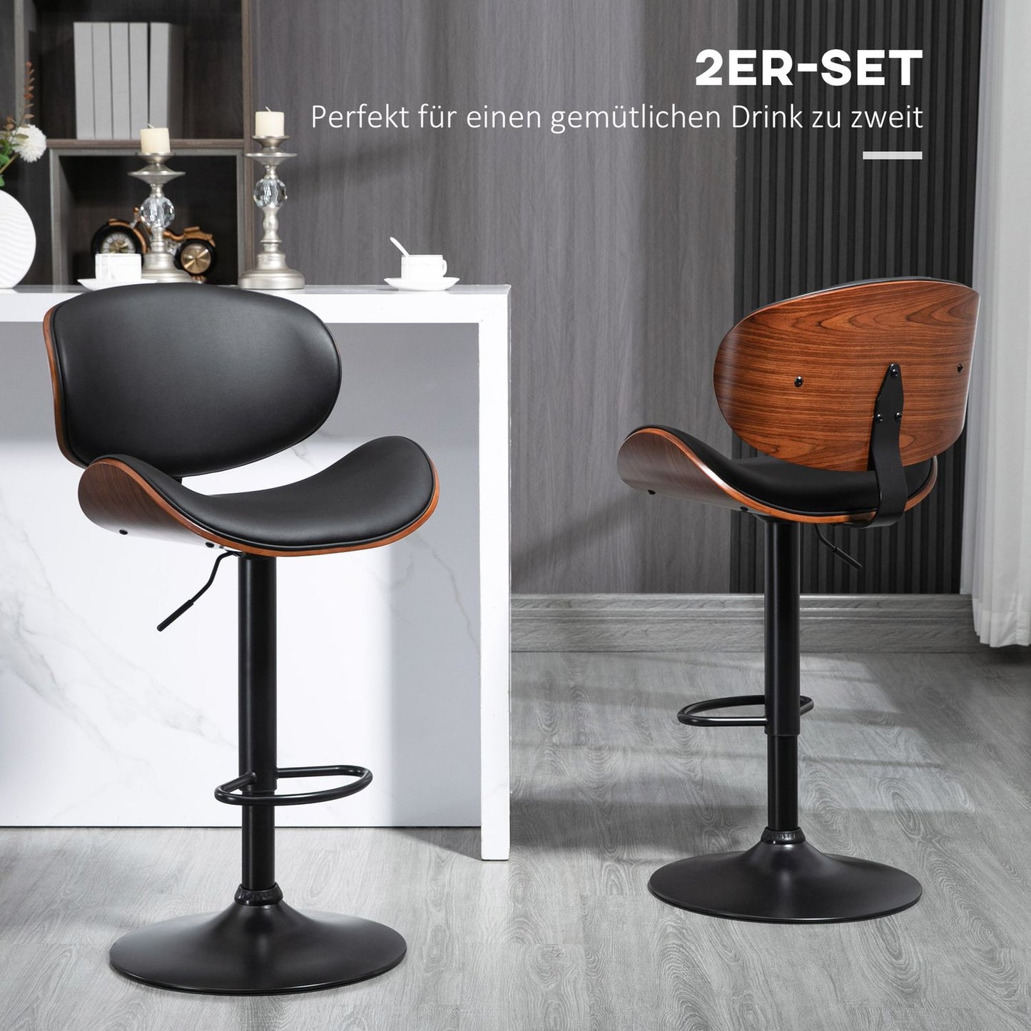 Set of 2 height-adjustable barstools in artificial leather