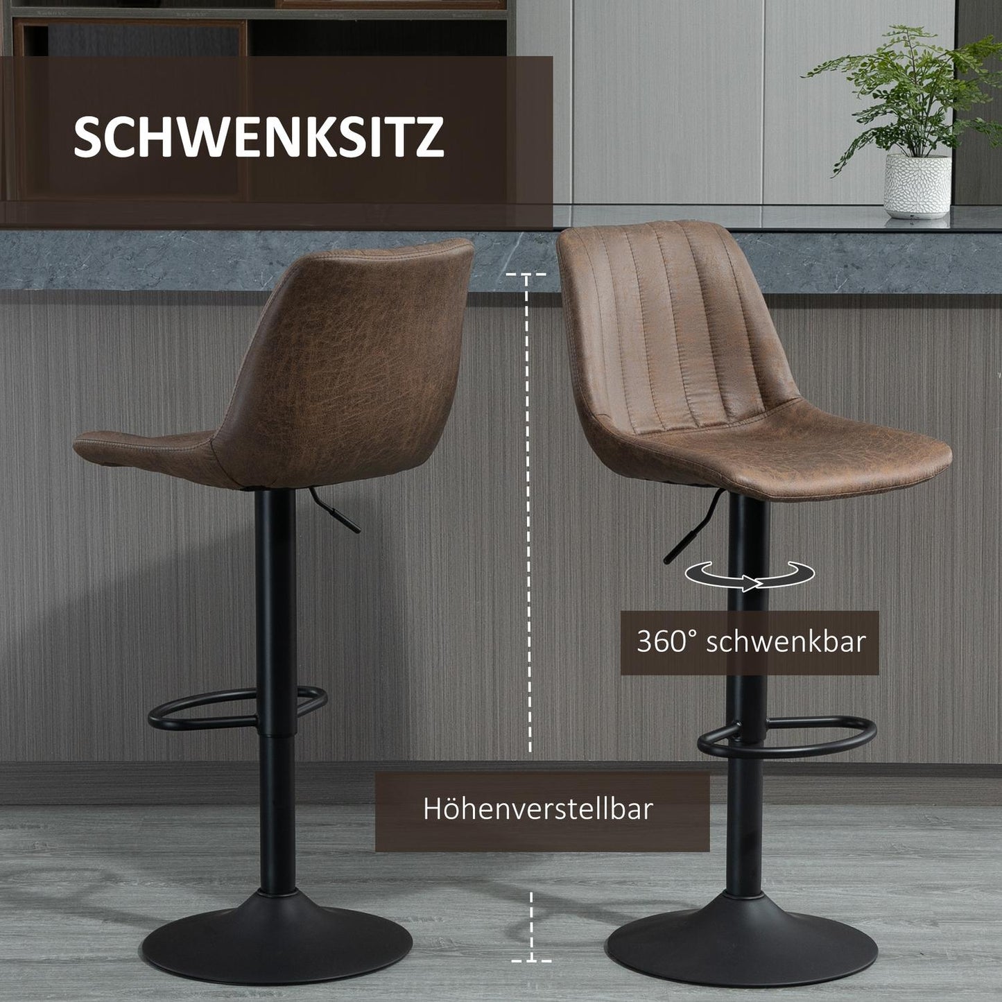 Height-adjustable brown barstools, set of 2, polyester
