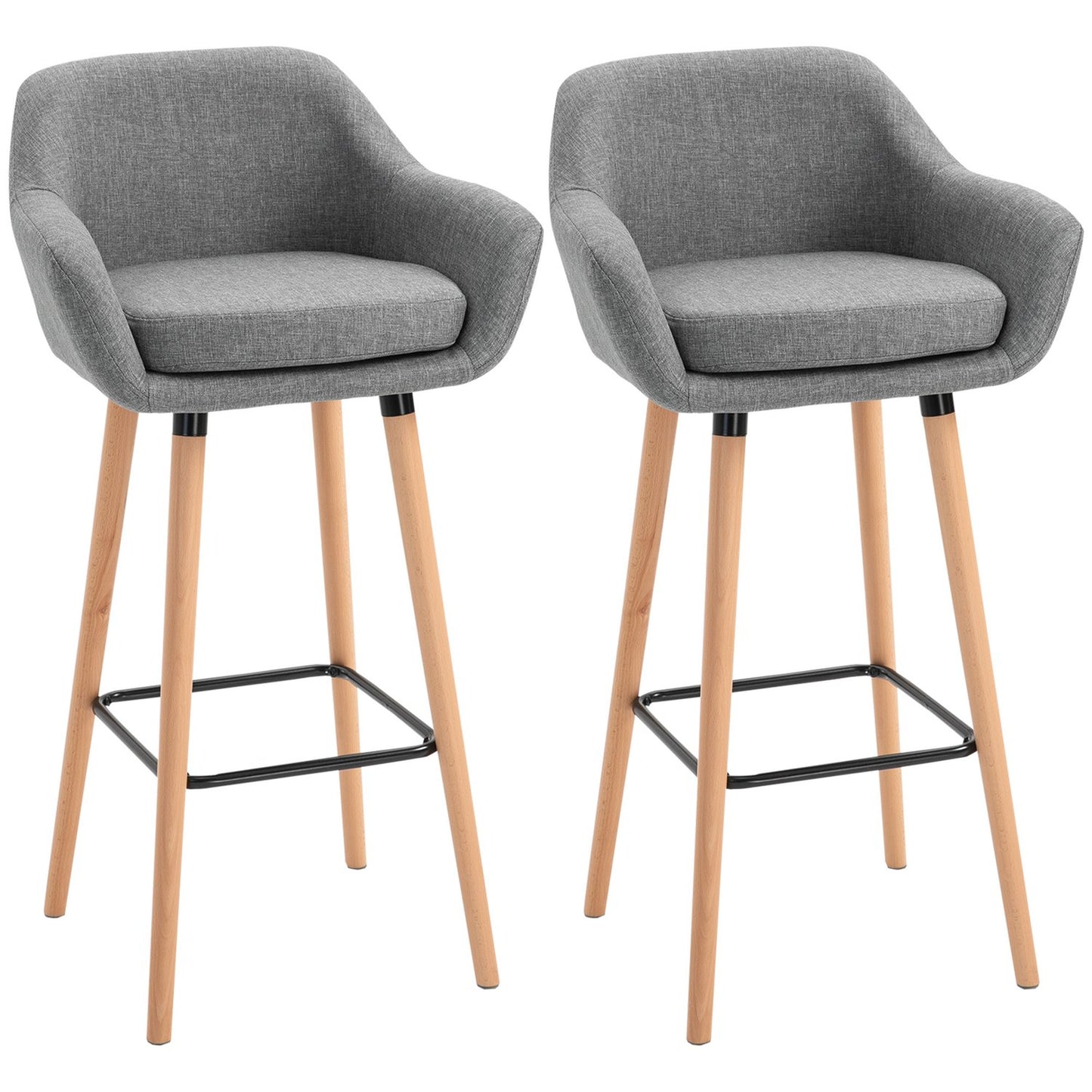 Set of 2 gray barstools, linen cushions, footrest