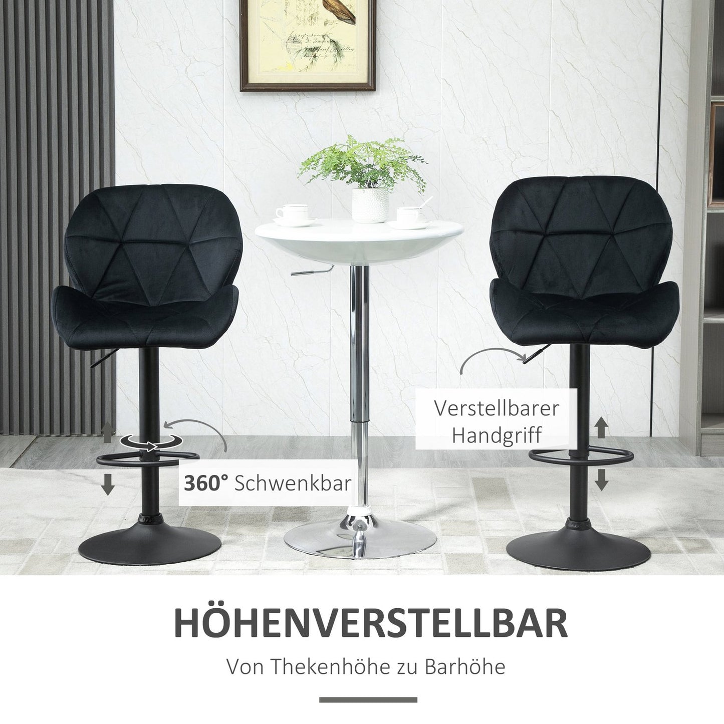 Set of 2 black swivel barstools, velvet, adjustable height