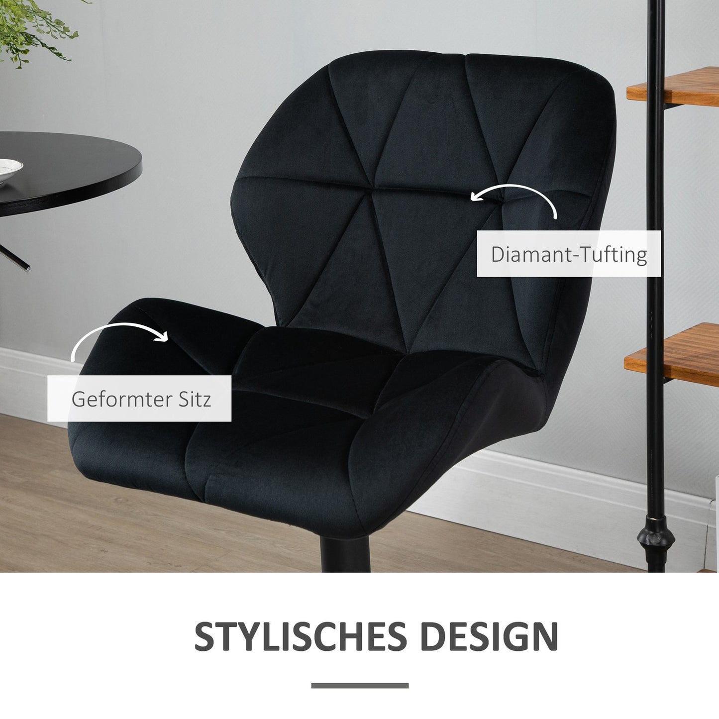 Set of 2 black swivel barstools, velvet, adjustable height