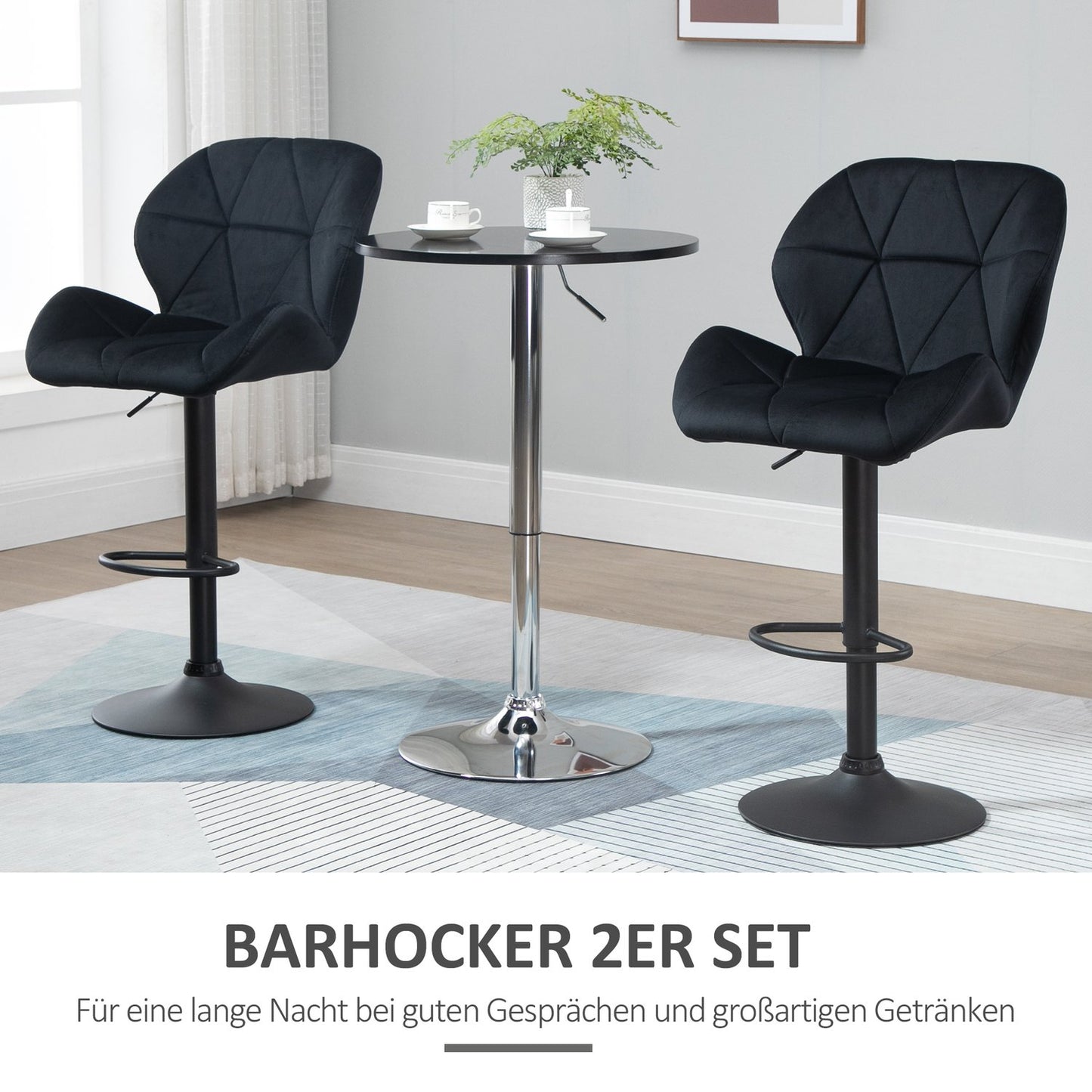 Set of 2 black swivel barstools, velvet, adjustable height
