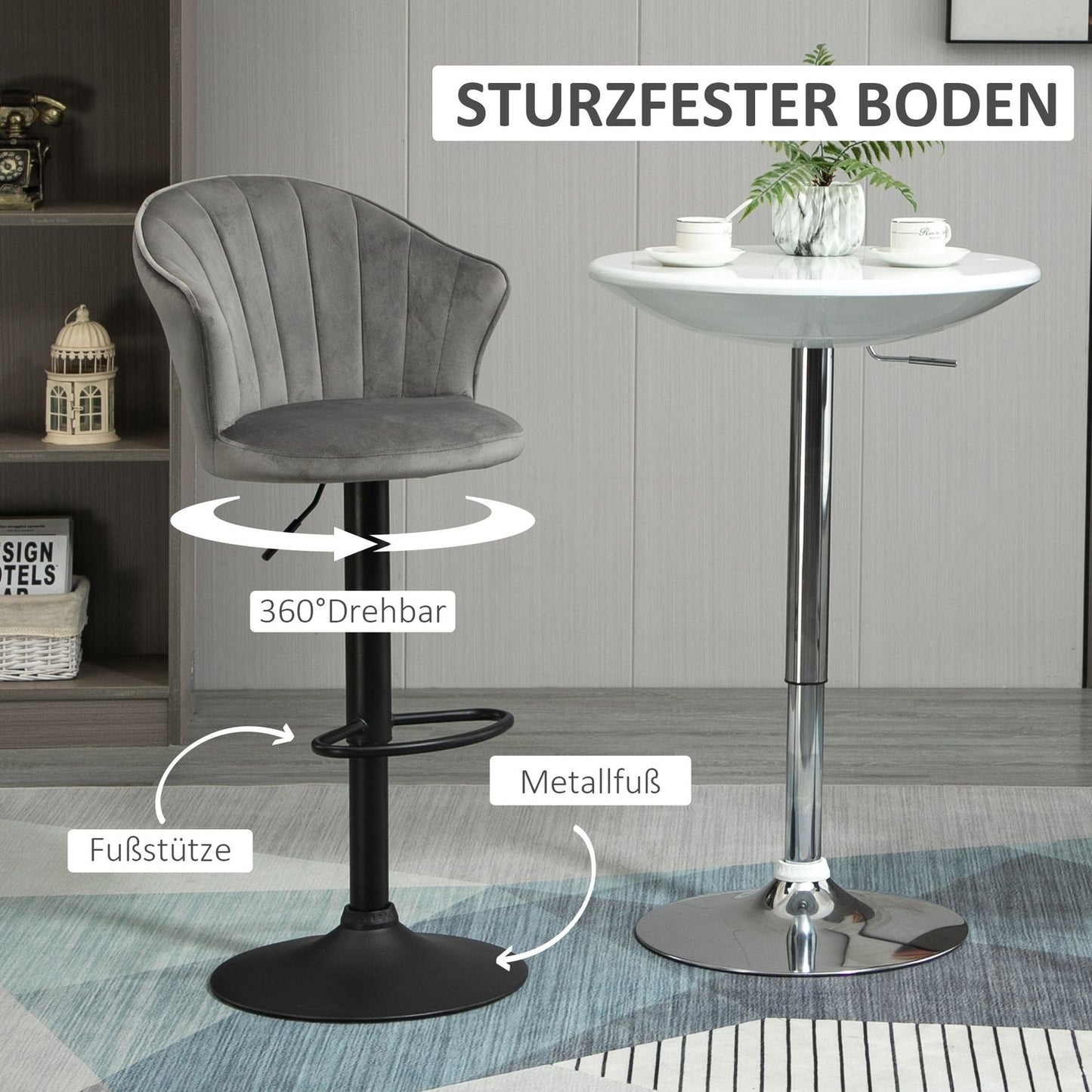 Adjustable Swivel Velvet Bar Stools, Set of 2, Gray
