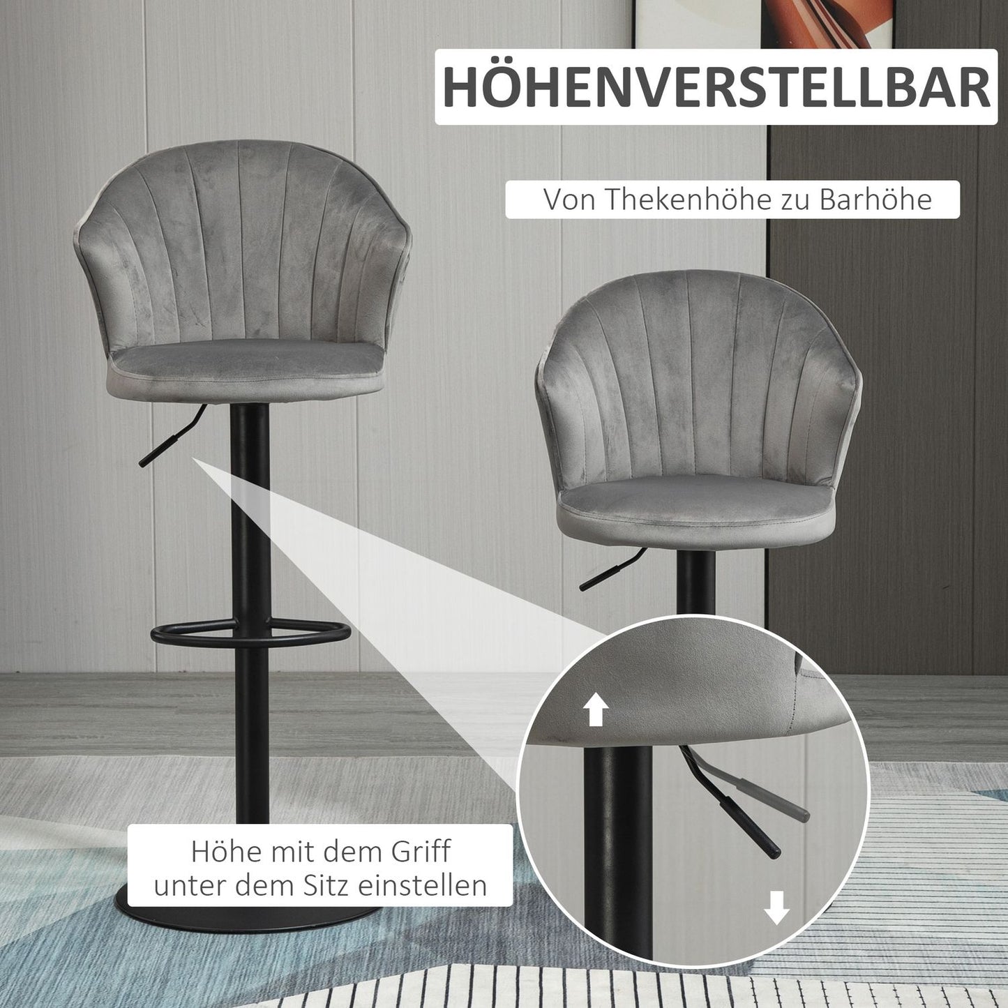 Adjustable Swivel Velvet Bar Stools, Set of 2, Gray