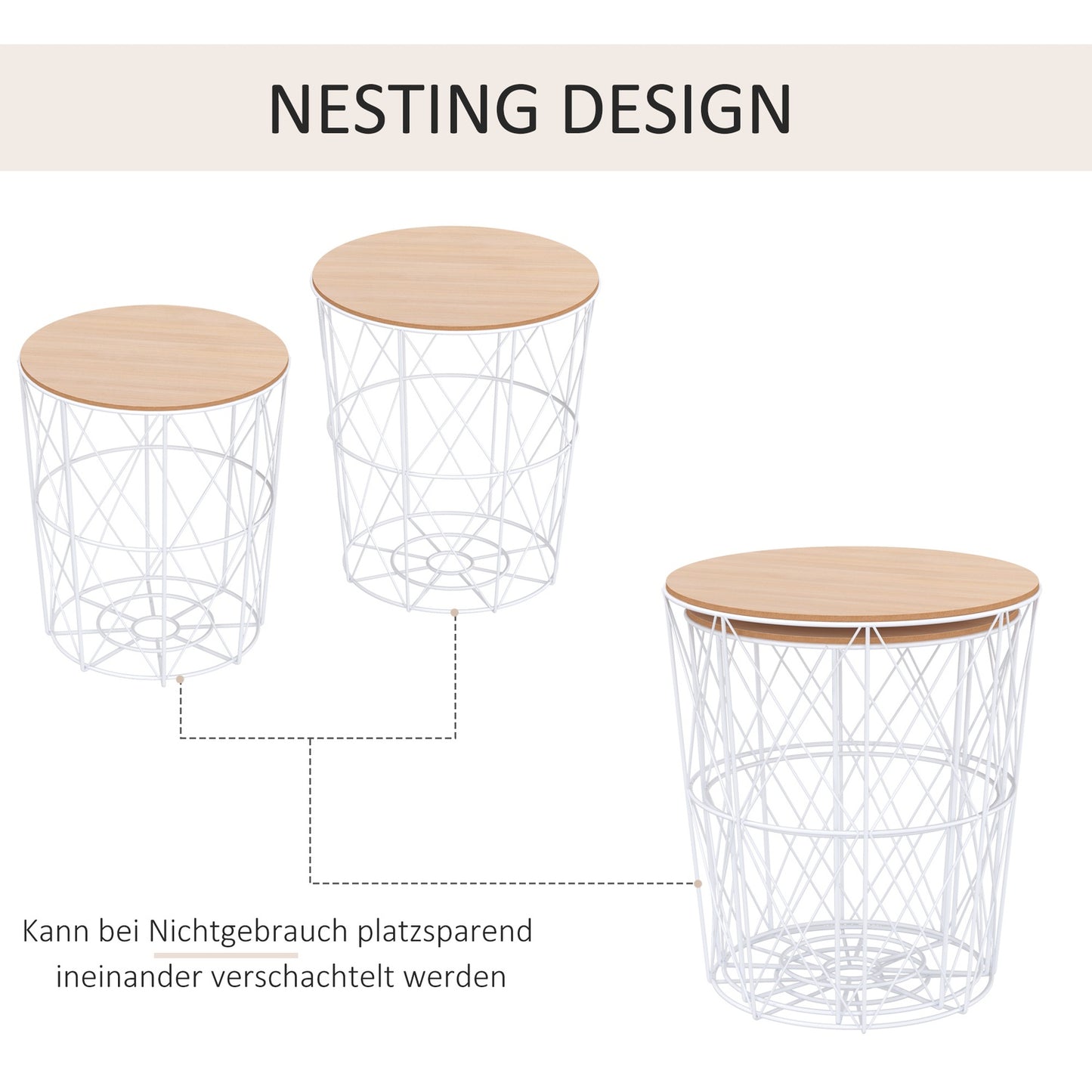 Set of 2 round coffee tables, natural & white MDF, metal
