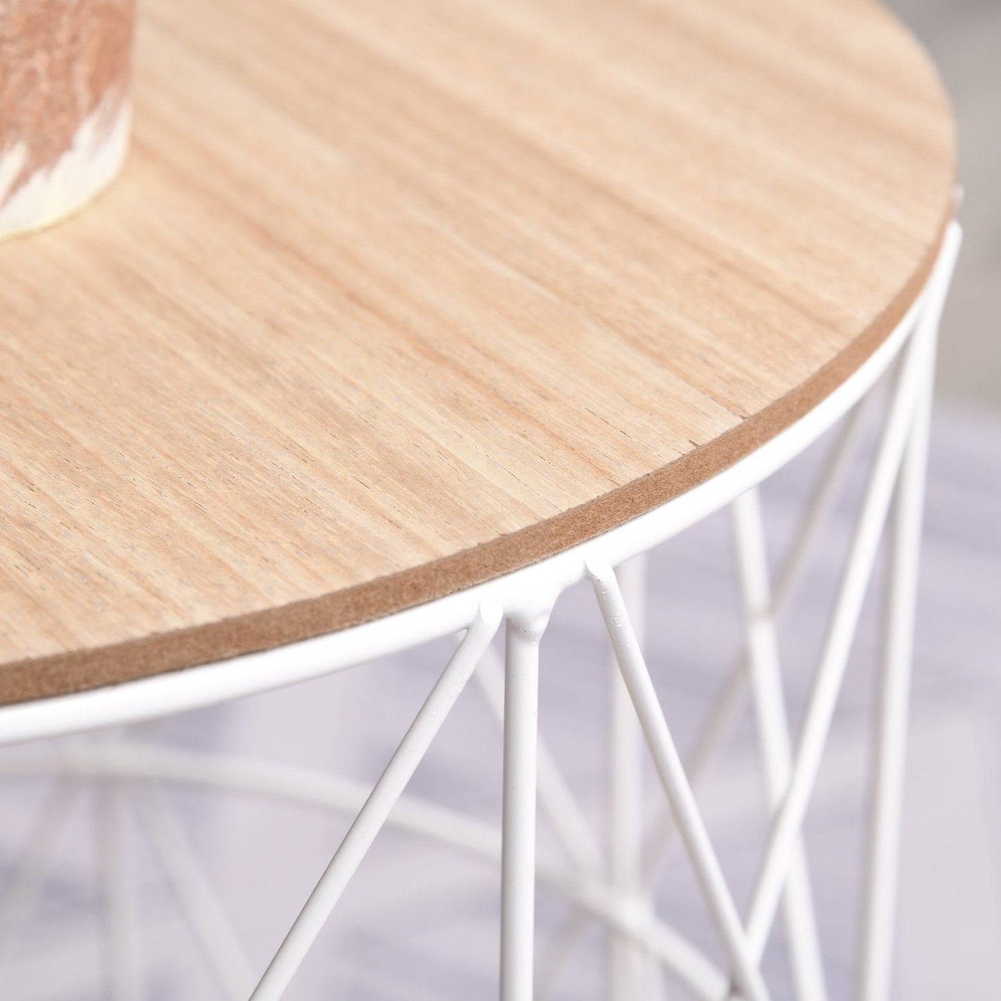Set of 2 round coffee tables, natural & white MDF, metal