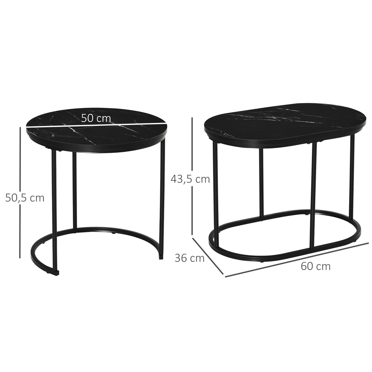 Set of 2 stackable round coffee tables, faux marble, black