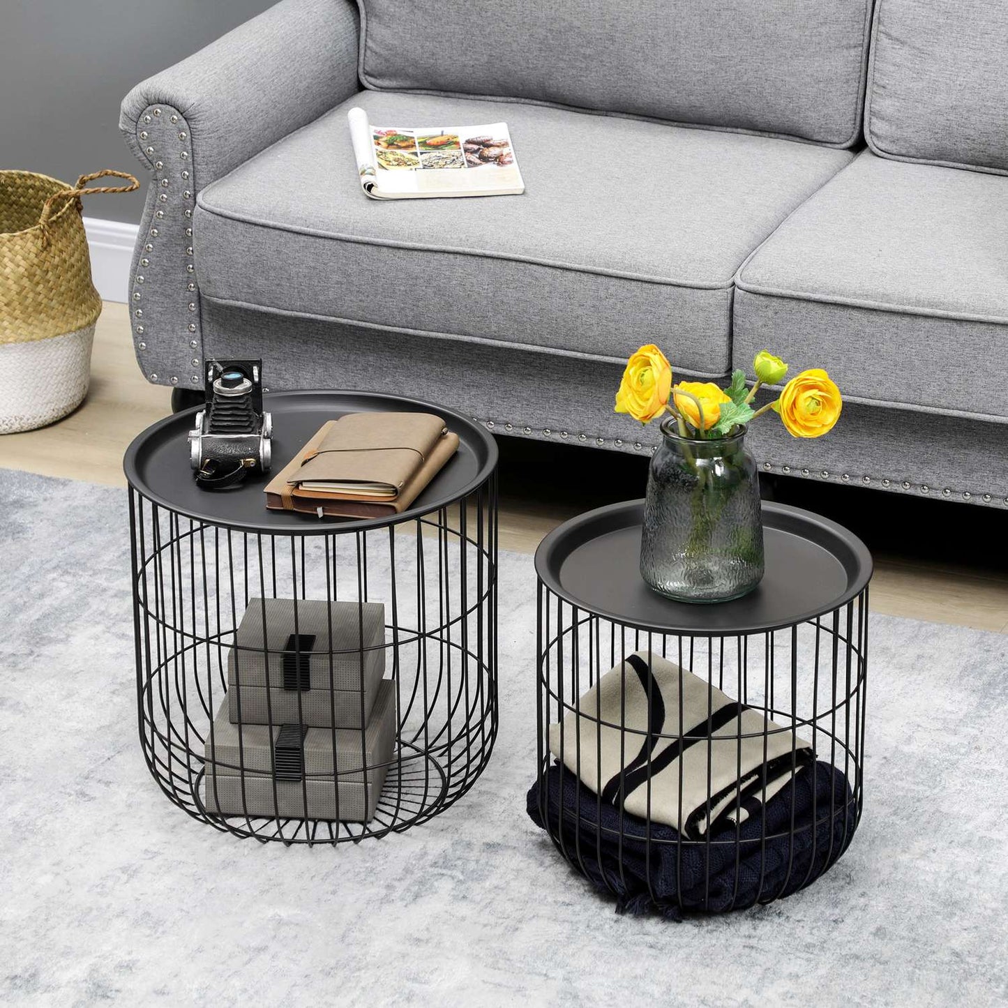 Set of 2 coffee tables in black steel with storage
