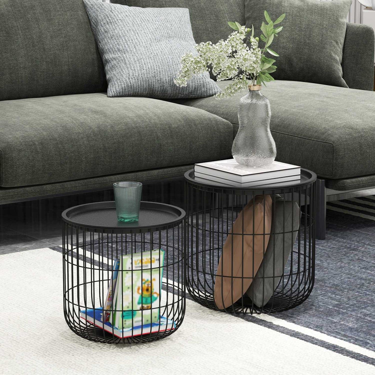 Set of 2 coffee tables in black steel with storage