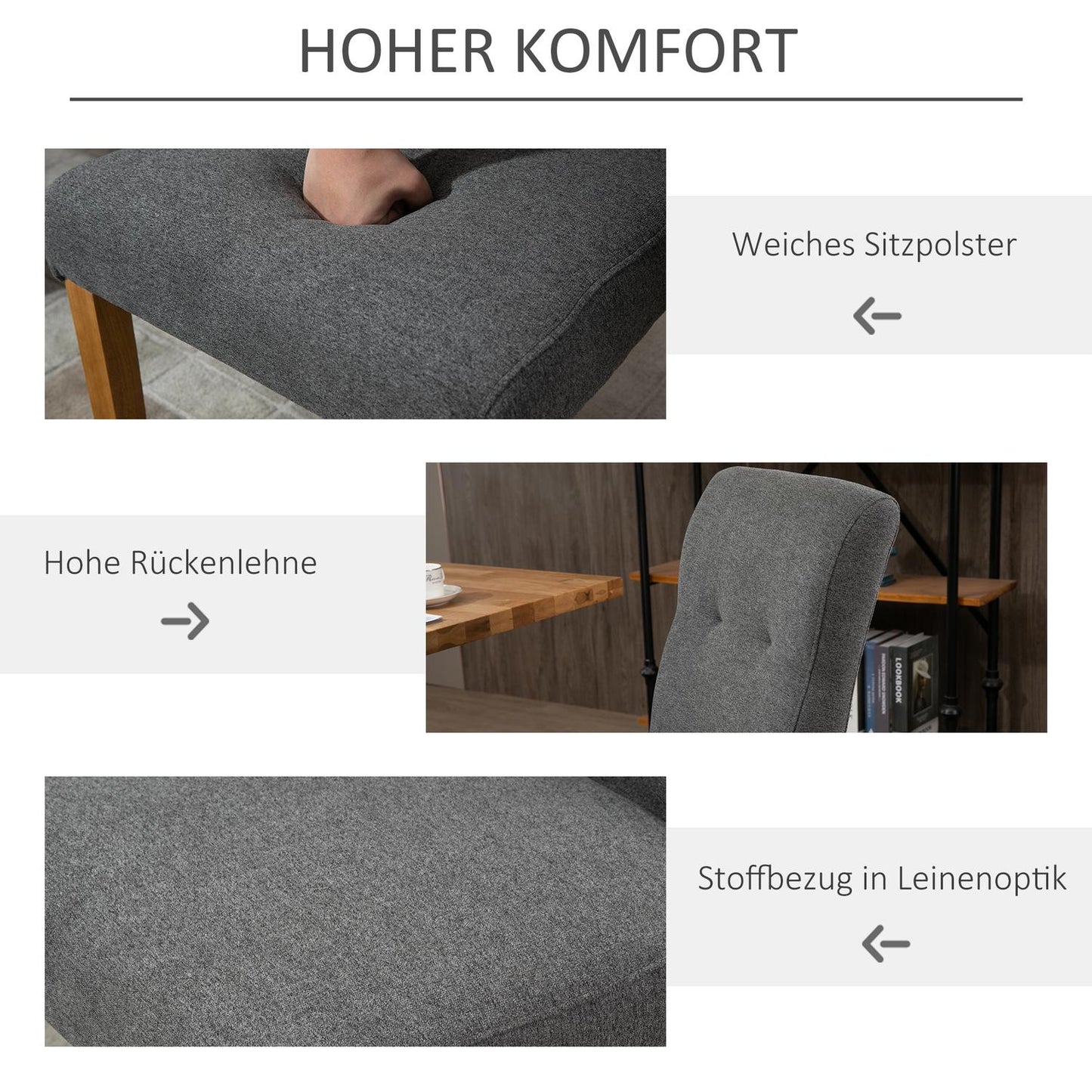 Dining chairs Set of 2, Padded linen-polyester, dark grey
