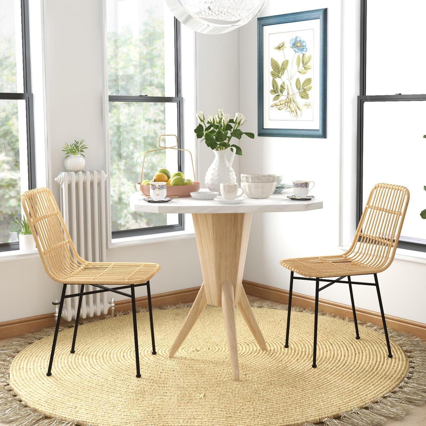 Set of 2 yellow steel dining chairs with rat-look backrest