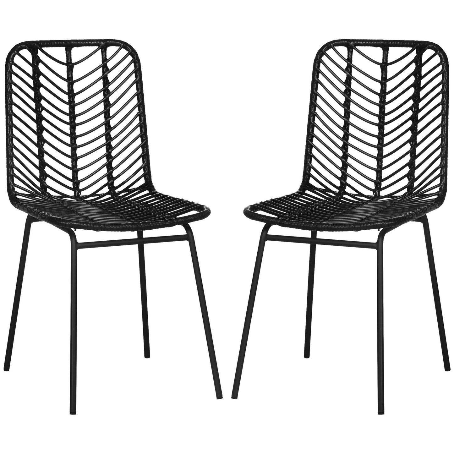 Set of 2 dining chairs in black rattan with backrest