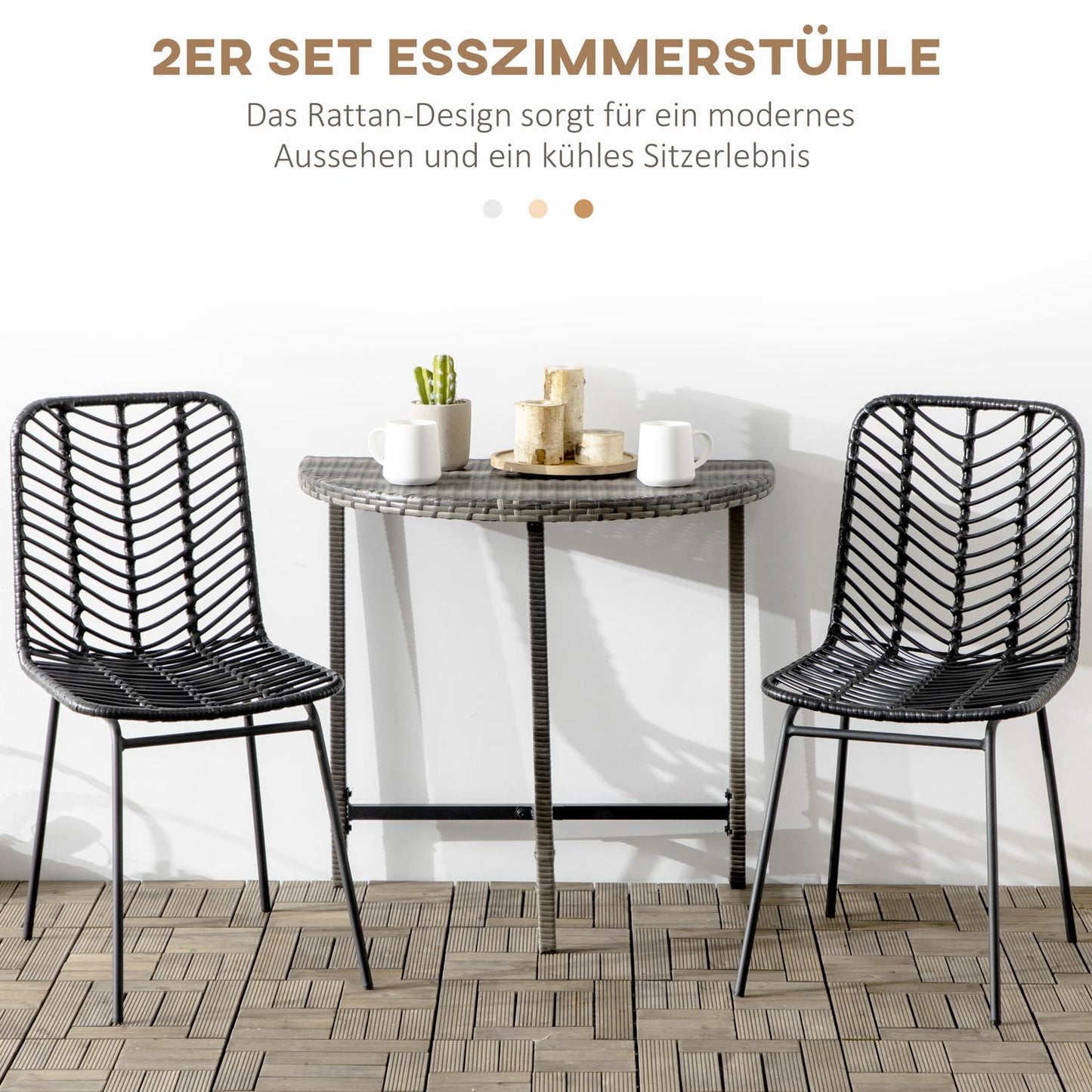Set of 2 dining chairs in black rattan with backrest