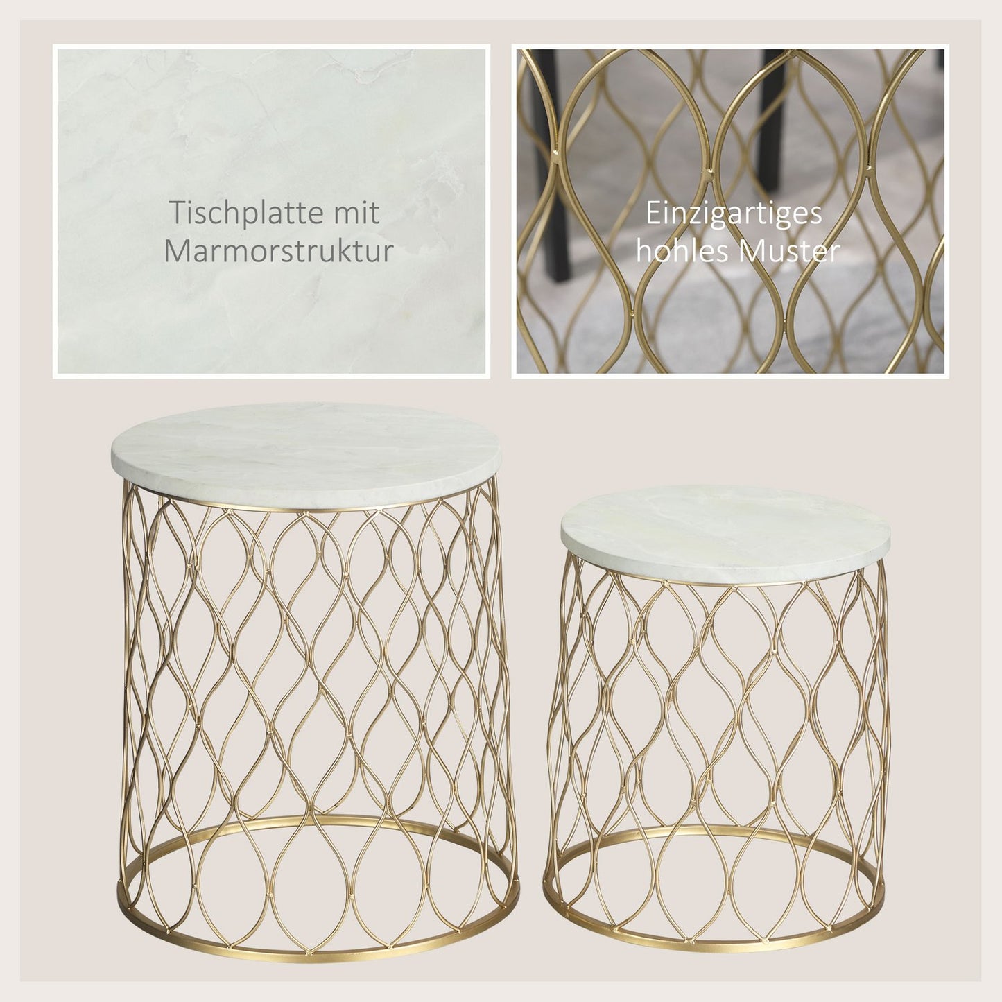 Set of 2 metal outdoor side tables, gold & white design