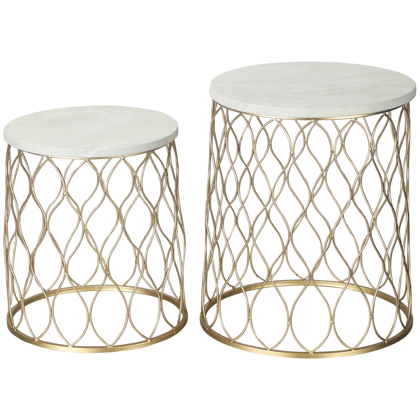 Set of 2 metal outdoor side tables, gold & white design
