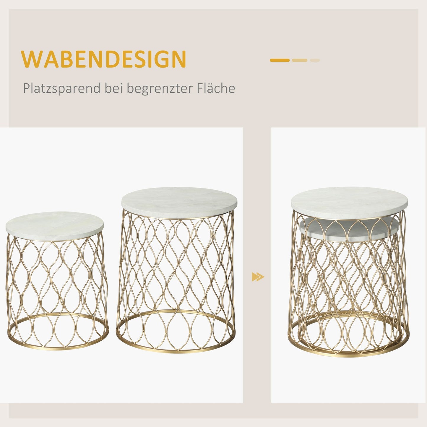Set of 2 metal outdoor side tables, gold & white design