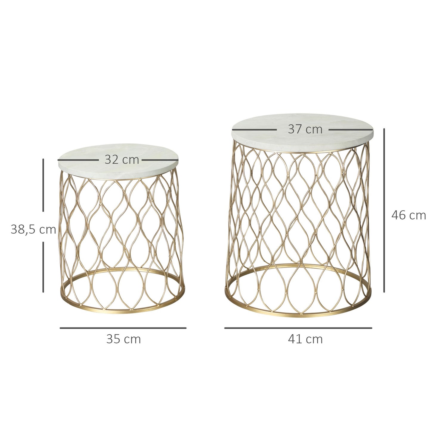 Set of 2 metal outdoor side tables, gold & white design