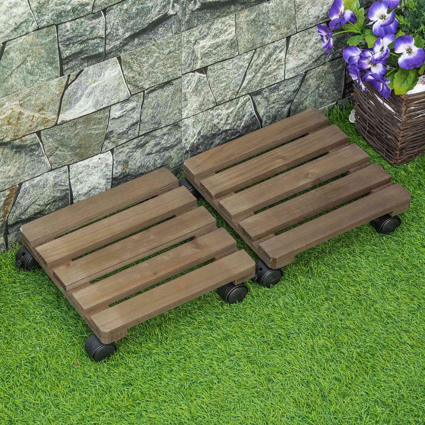 Rolling plant stand with brakes - Set of 2, 30x30cm, dark brown