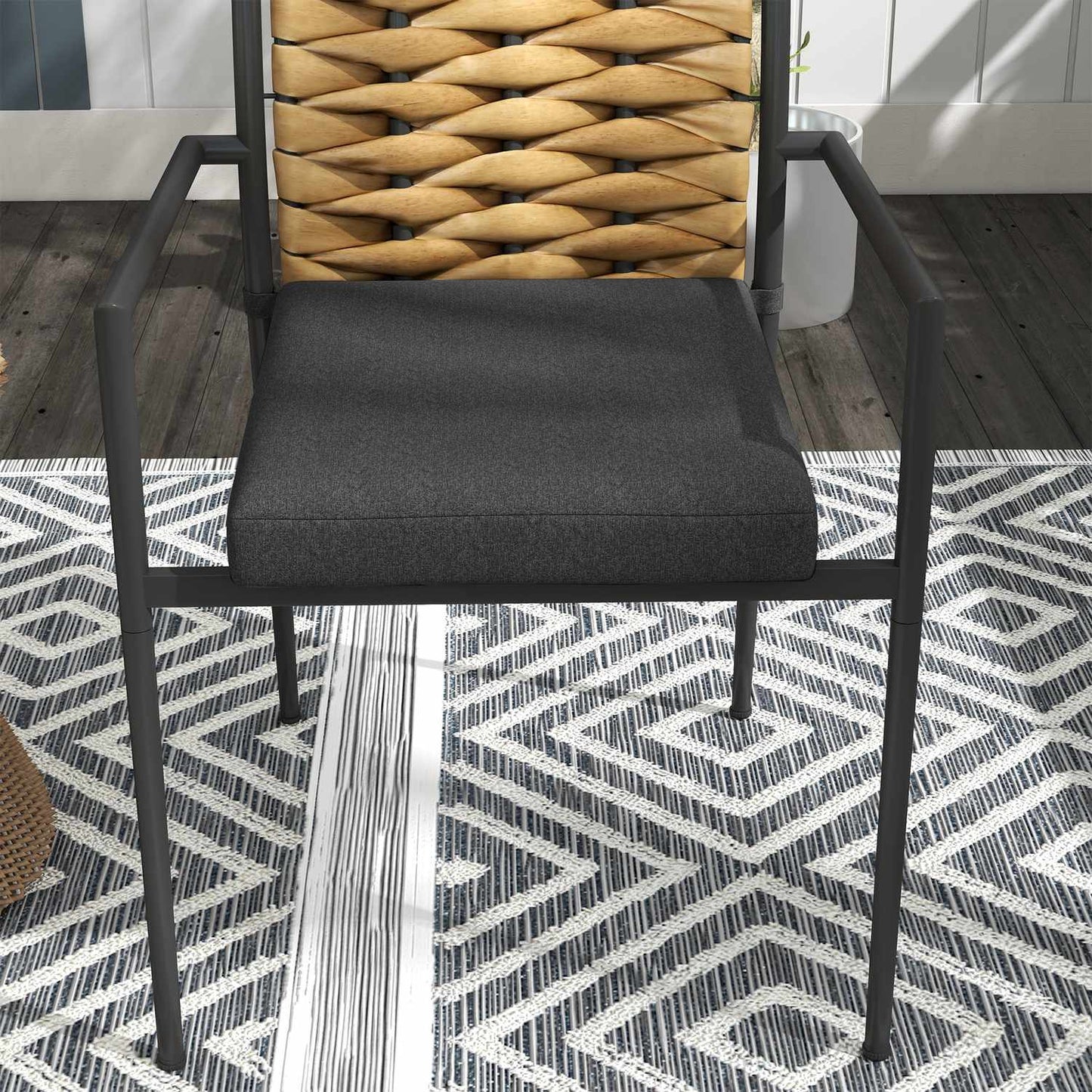 Rattan garden chairs, stackable with cushions, black
