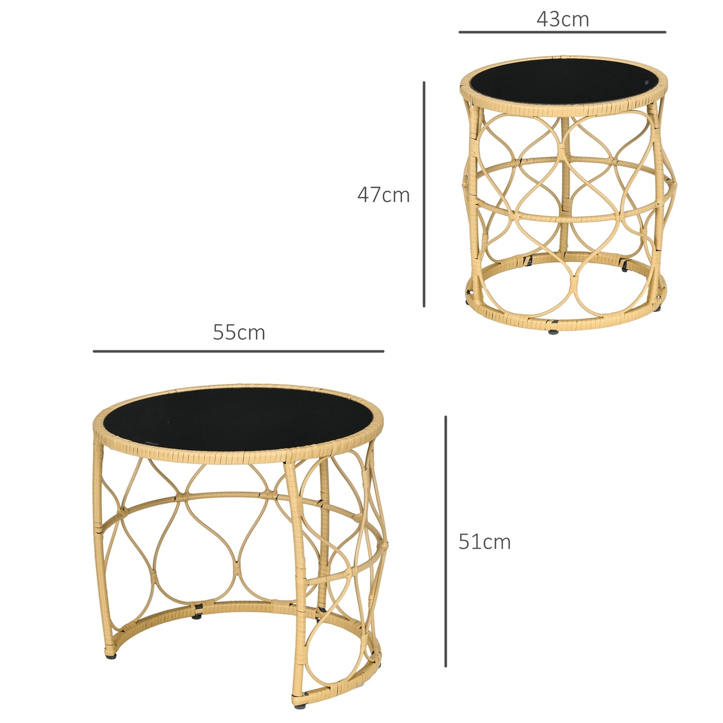 Rattan side table, set of 2, stackable glass top
