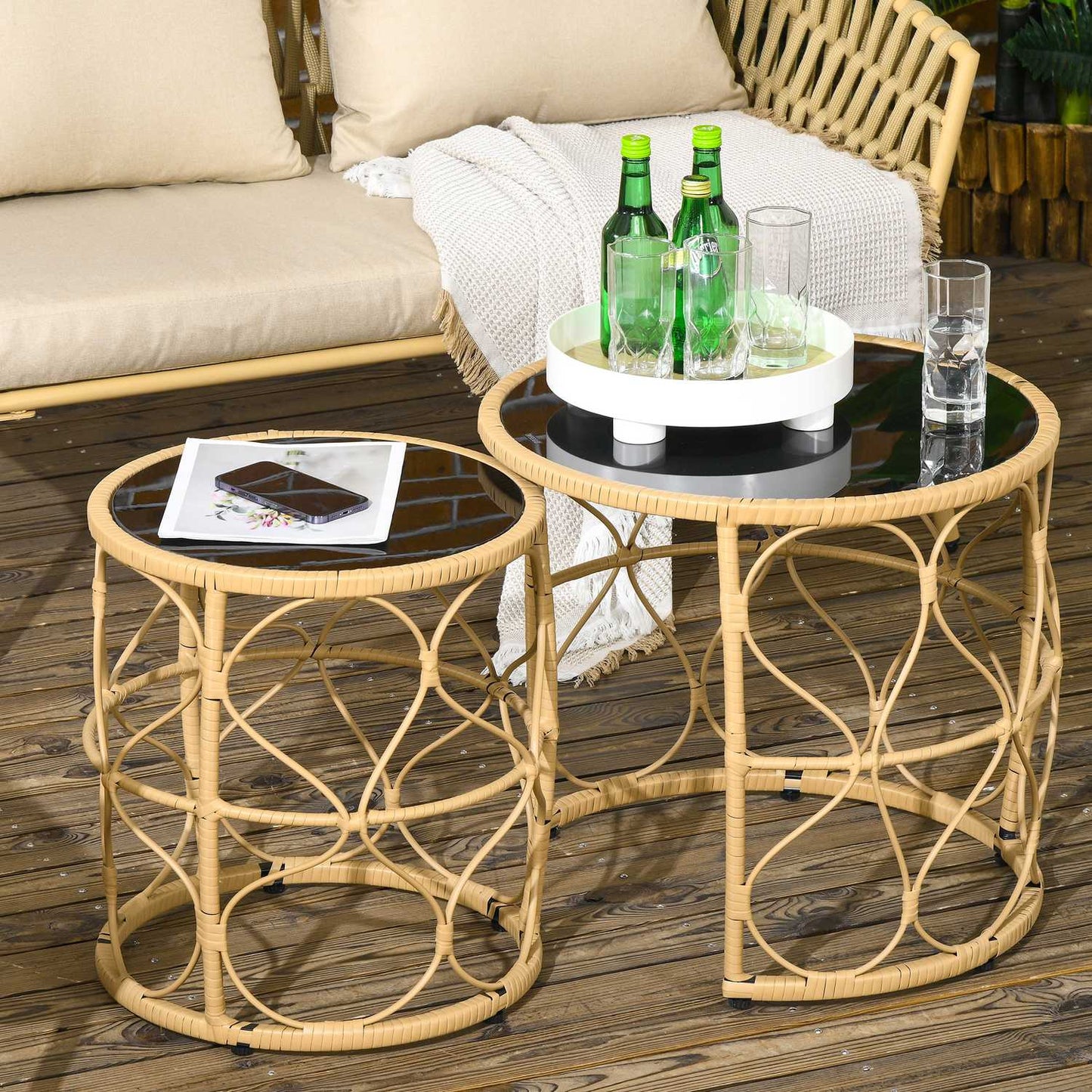 Rattan side table, set of 2, stackable glass top