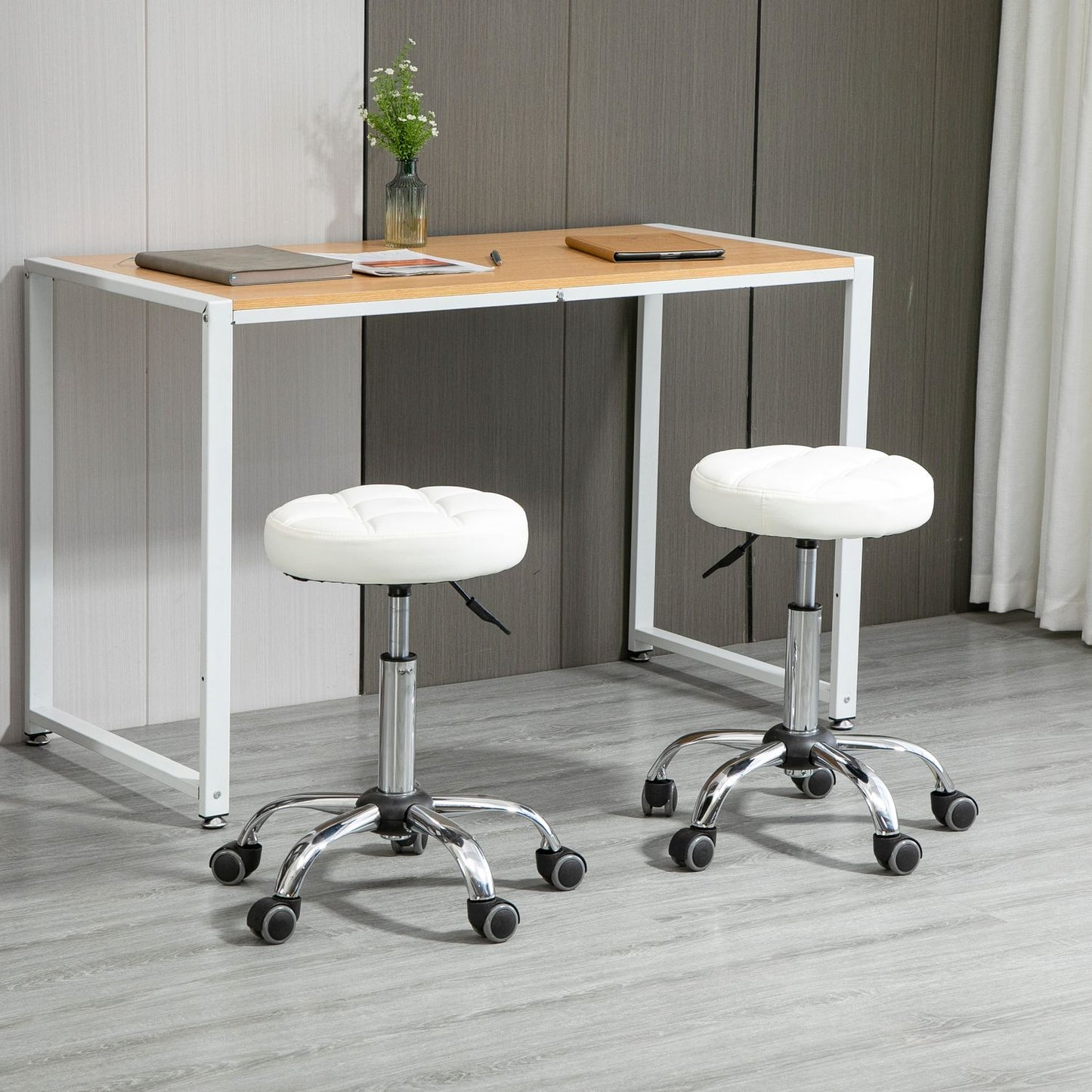 Adjustable white faux leather wheelchairs, set of 2