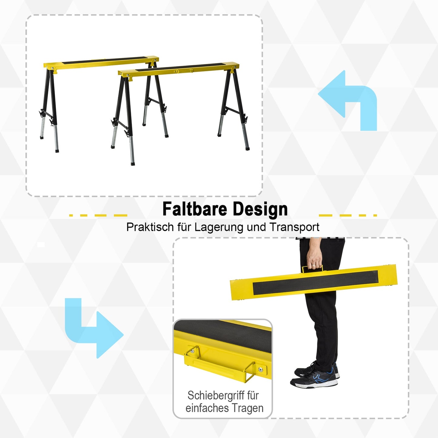 Folding steel sawhorse set, non-slip, adjustable height