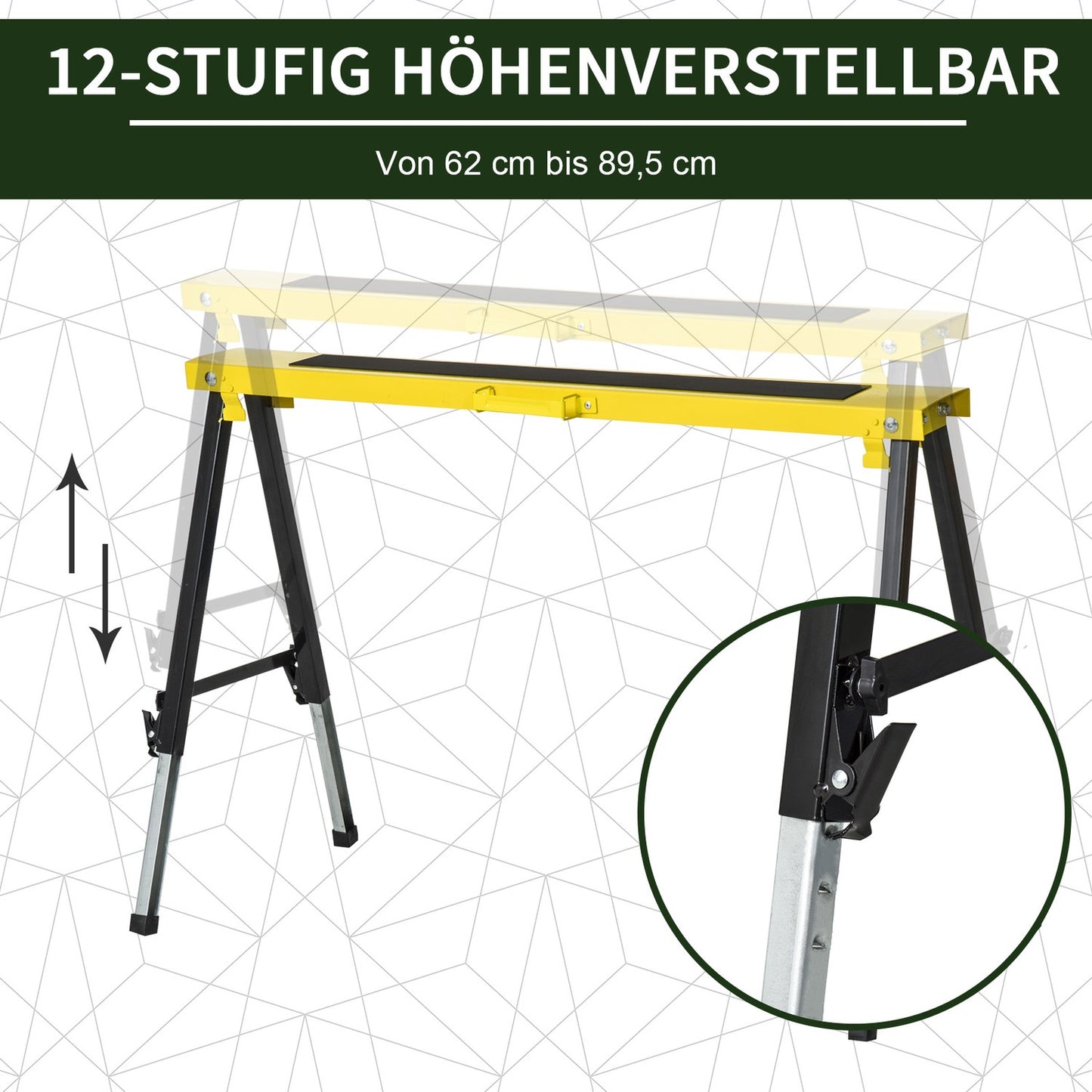 Folding steel sawhorse set, non-slip, adjustable height
