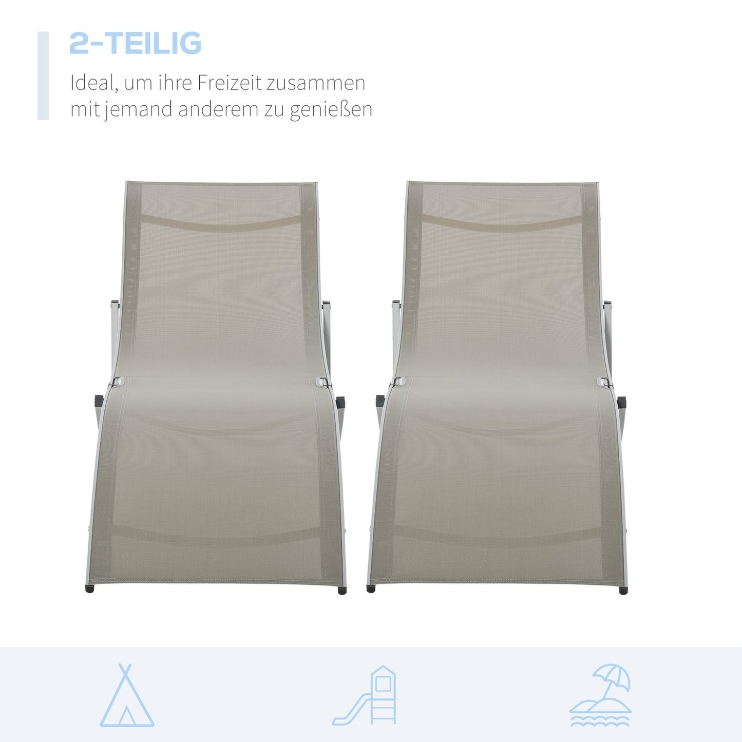 Ergonomic sun lounger set, aluminum frame, light grey